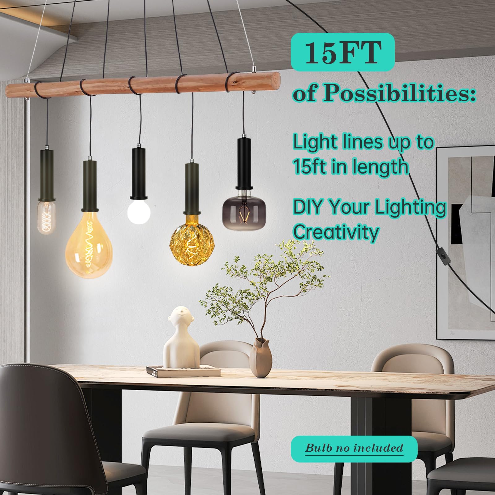 Amdtu Hanging Lights With Plug In Cord Black, 15Ft Plug-In Pendant Light Fixtures,Hanging Lamp Cord With Switch On Off For Livin