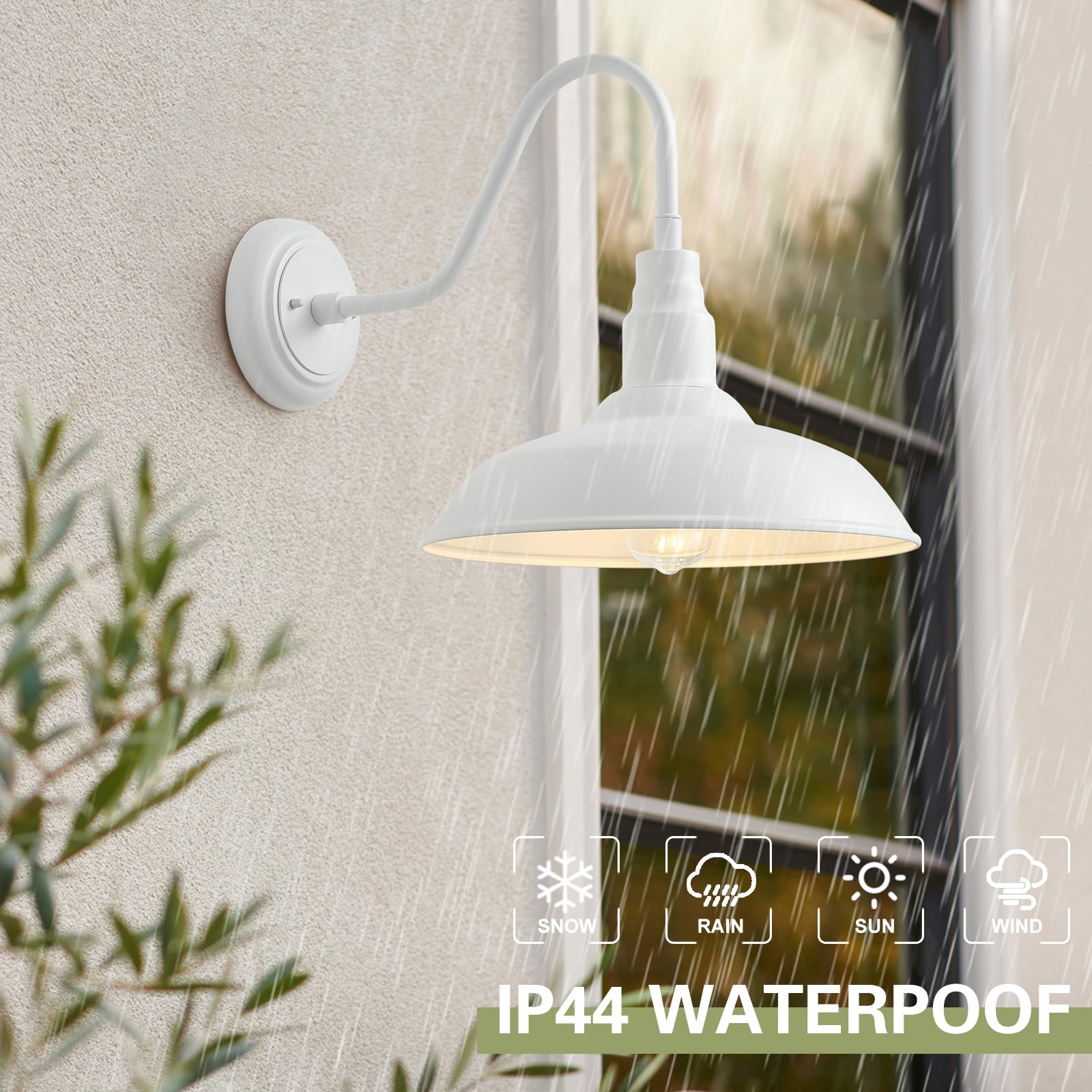 GOALPLUS Gooseneck Barn Light Fixture, 14in Dome, White Metal Wall Mount Sconce, Model LM2202-WH