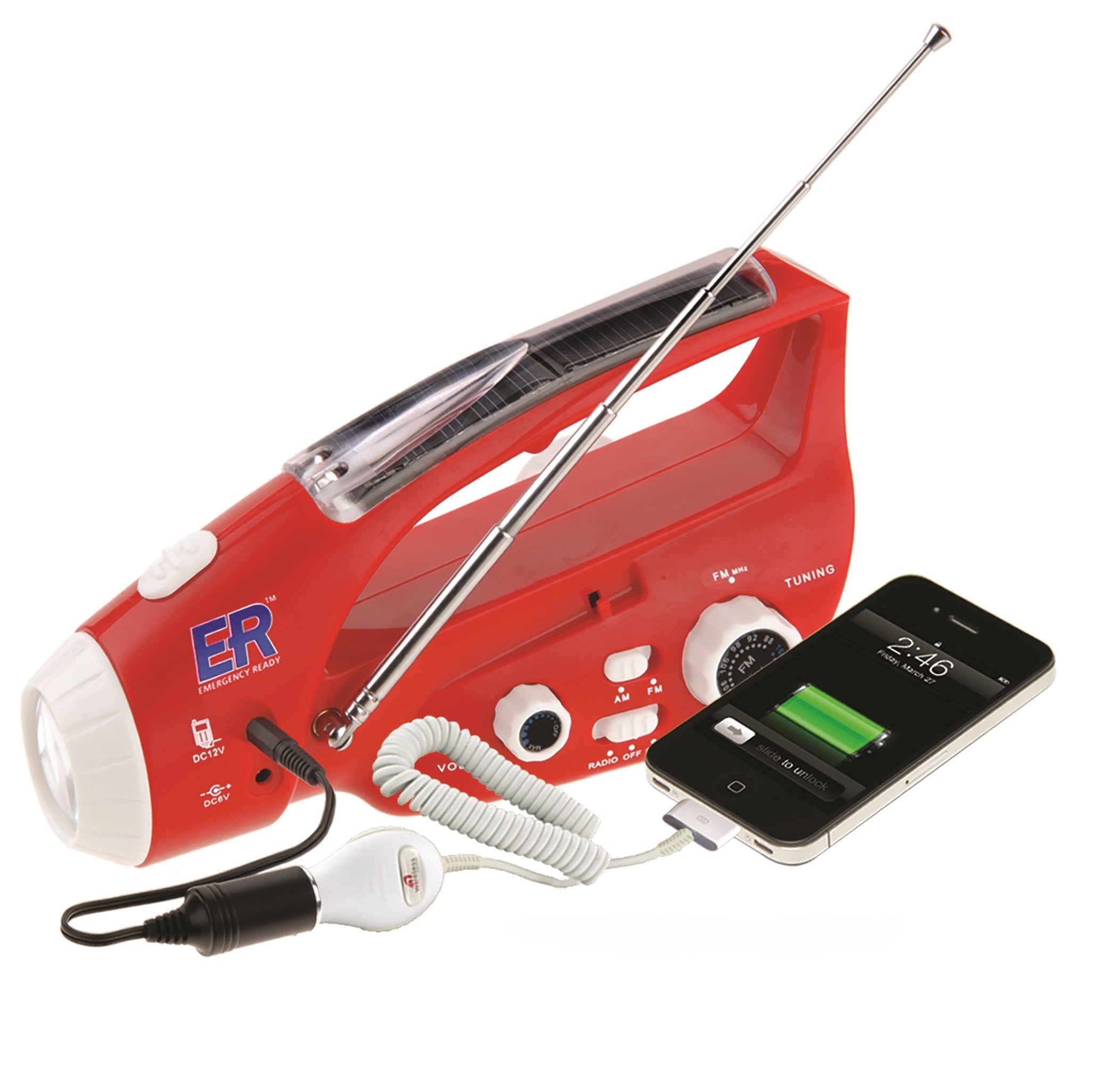 ER Emergency Ready 6N Solar/Hand-Crank Powered Emergency LED Flashlight and AM/FM Radio, Red