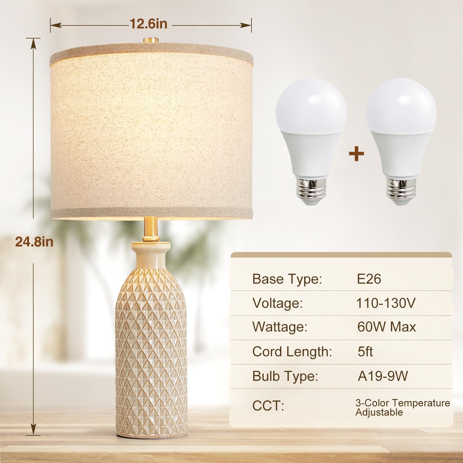 Luvkczc Ceramic Table Lamps Set Of 2, Farmhouse 24.8'' Bedside Lamps With 3-Color Temperature, Modern Nightstand Lamp Desk Readi