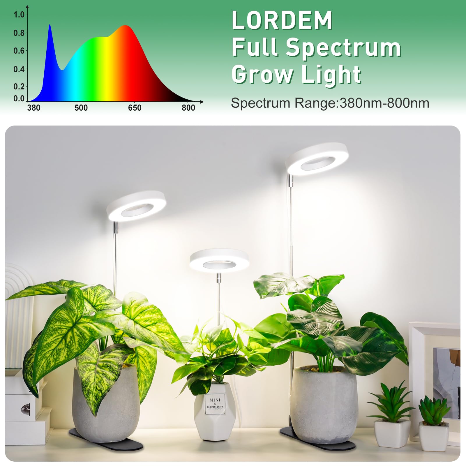 Lordem Plant Grow Light, Full Spectrum Halo Desk Plant Light, Height Adjustable 7.8&quot;-26&quot;, Led Growing Lamp, Automatic Timer 4H/8H/12H, 4 Level Dimmable, Ideal For Indoor Plants,White, 2 Pack