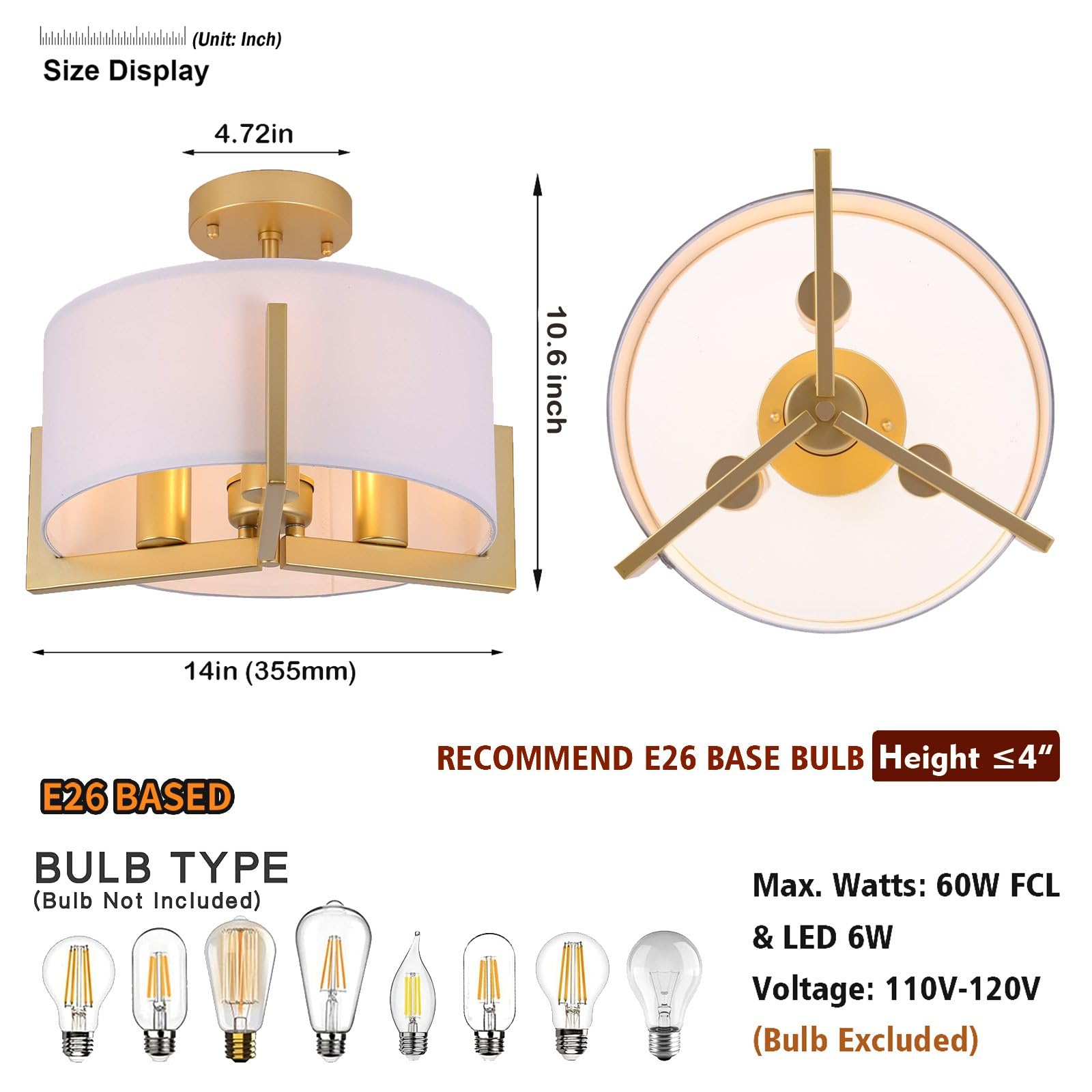 Mecuss Semi Flush Mount Ceiling Light 14 Inch, 3 Light Gold Industrial Light Fixtures Ceiling Mount With White Drum Fabric Shade