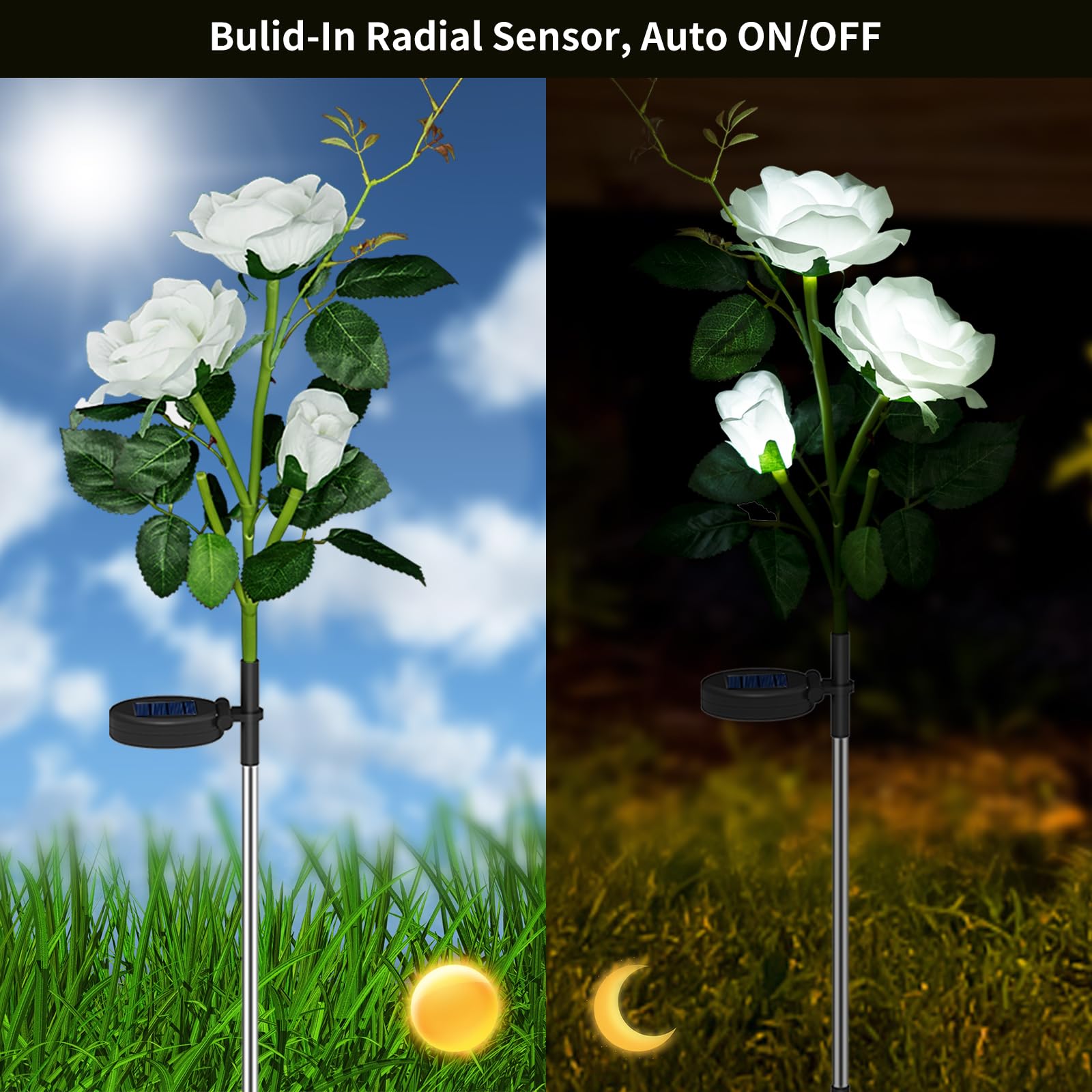 Anordsem Solar Garden Lights, 2 Pack LED White Rose Flowers, Waterproof Outdoor Decor