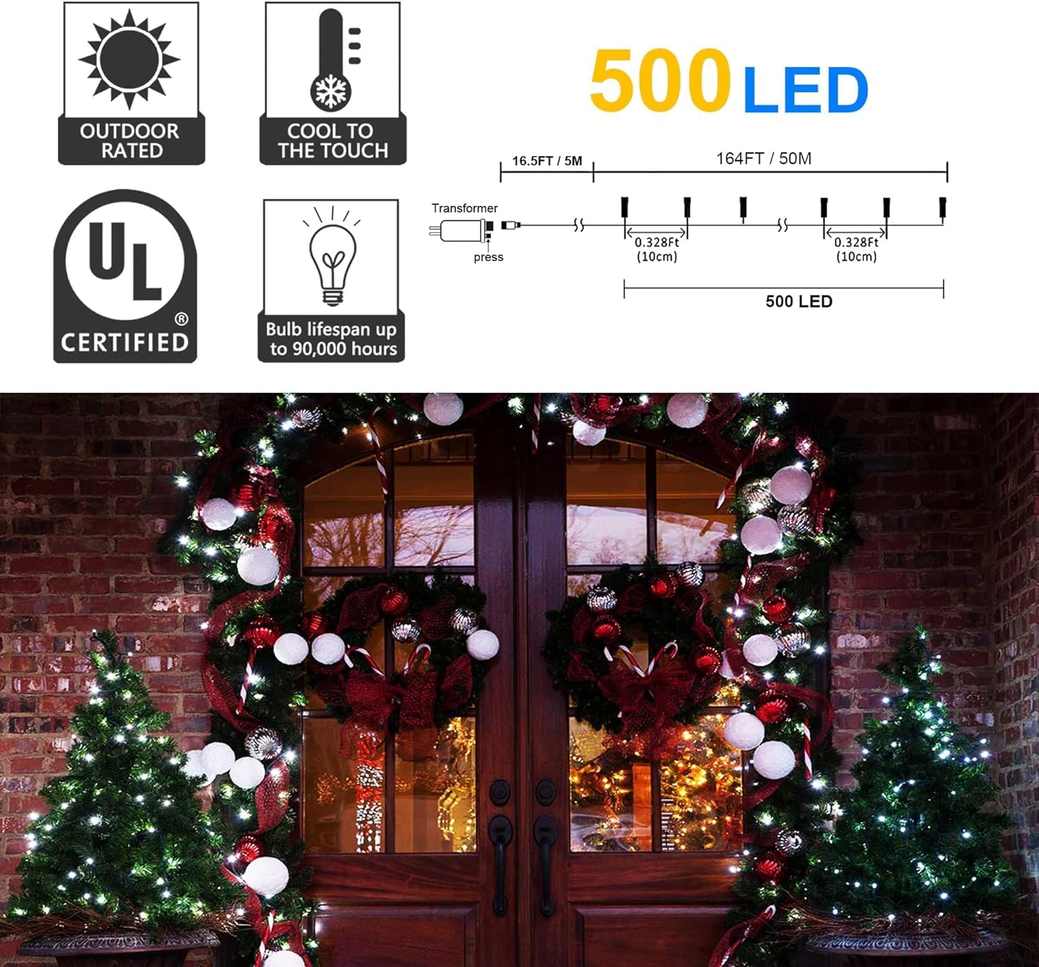 Kemooie 500 Led Christmas String Lights, 164Ft 8 Lighting Mode With Memory Plug In Green Wire Waterproof Lights, For Outdoor Ind