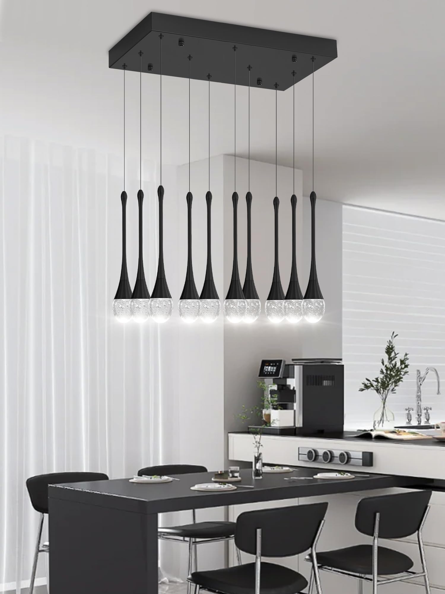 ykolupty Rectangular Chandeliers for Living Room Black Dining Room Lights Fixture Raindrop Pendant Lights Kitchen Island Crystal