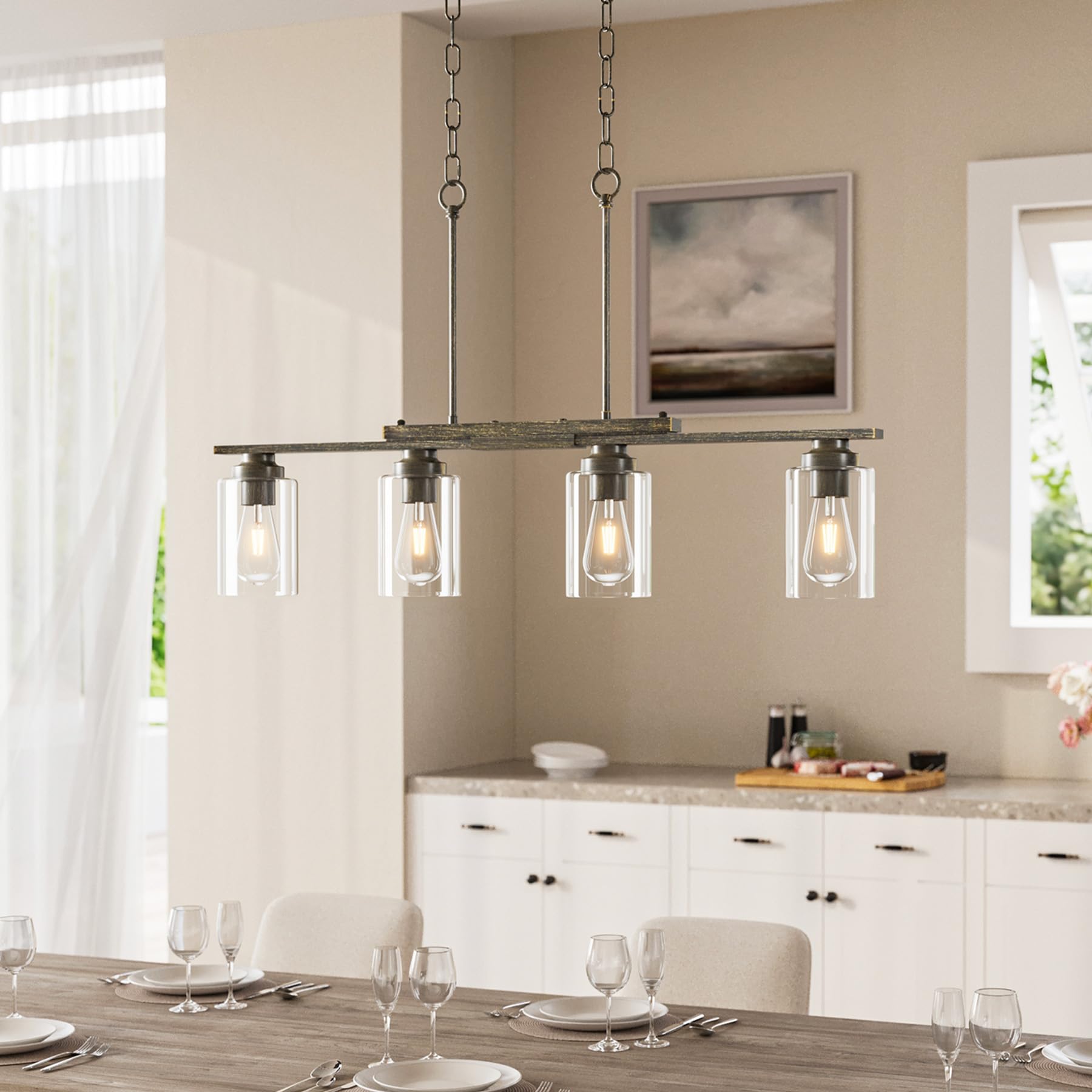 VONLUCE 4-Light Kitchen Island Chandelier, Glass Shade, Antique Black, Model PDL-GLC, ETL Certified, Farmhouse Dining Room Fixture