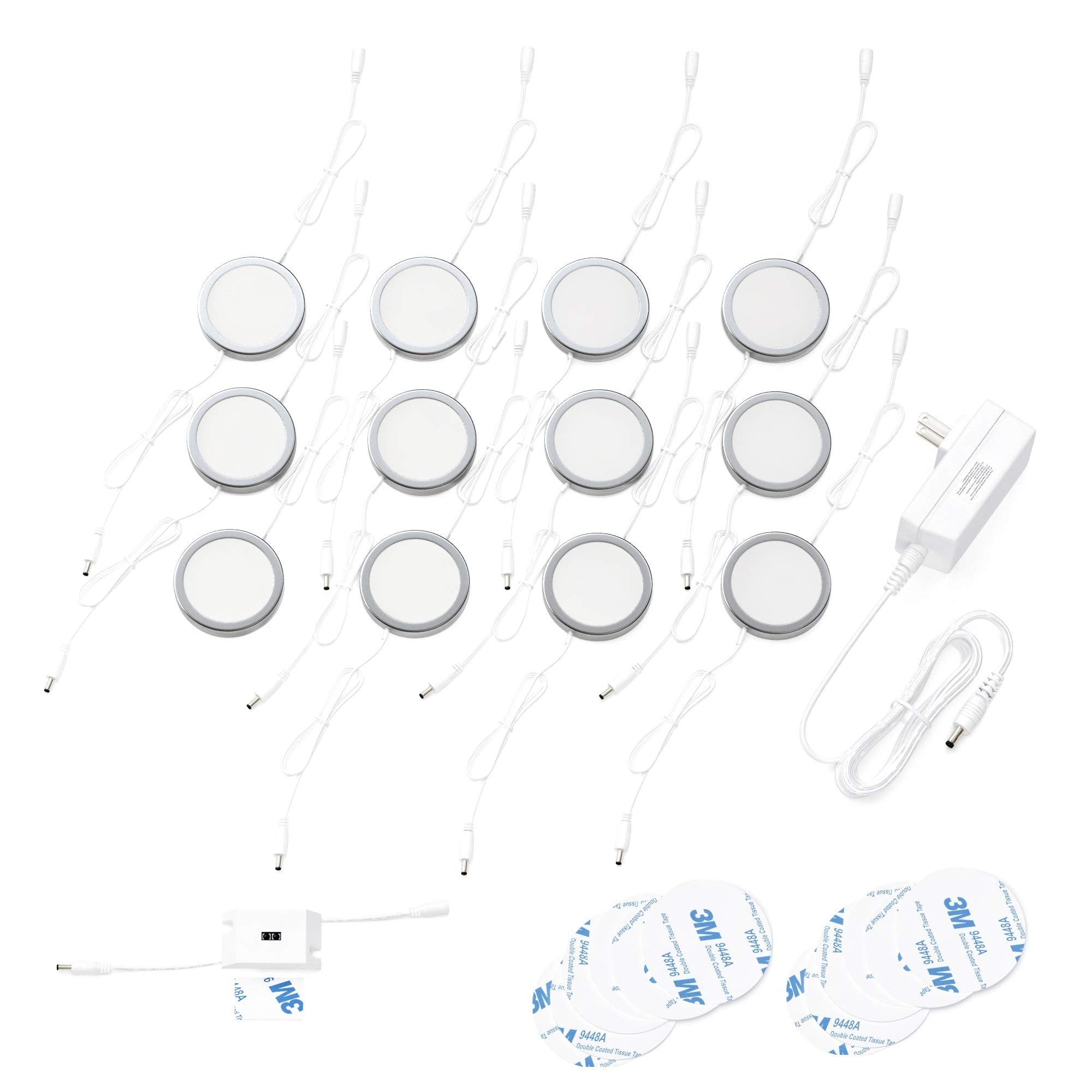 EShine Under Cabinet Puck Lights - Dimmable LED, 12 Pack, Aluminum, Cool White (6000K), Model ELP6012DC