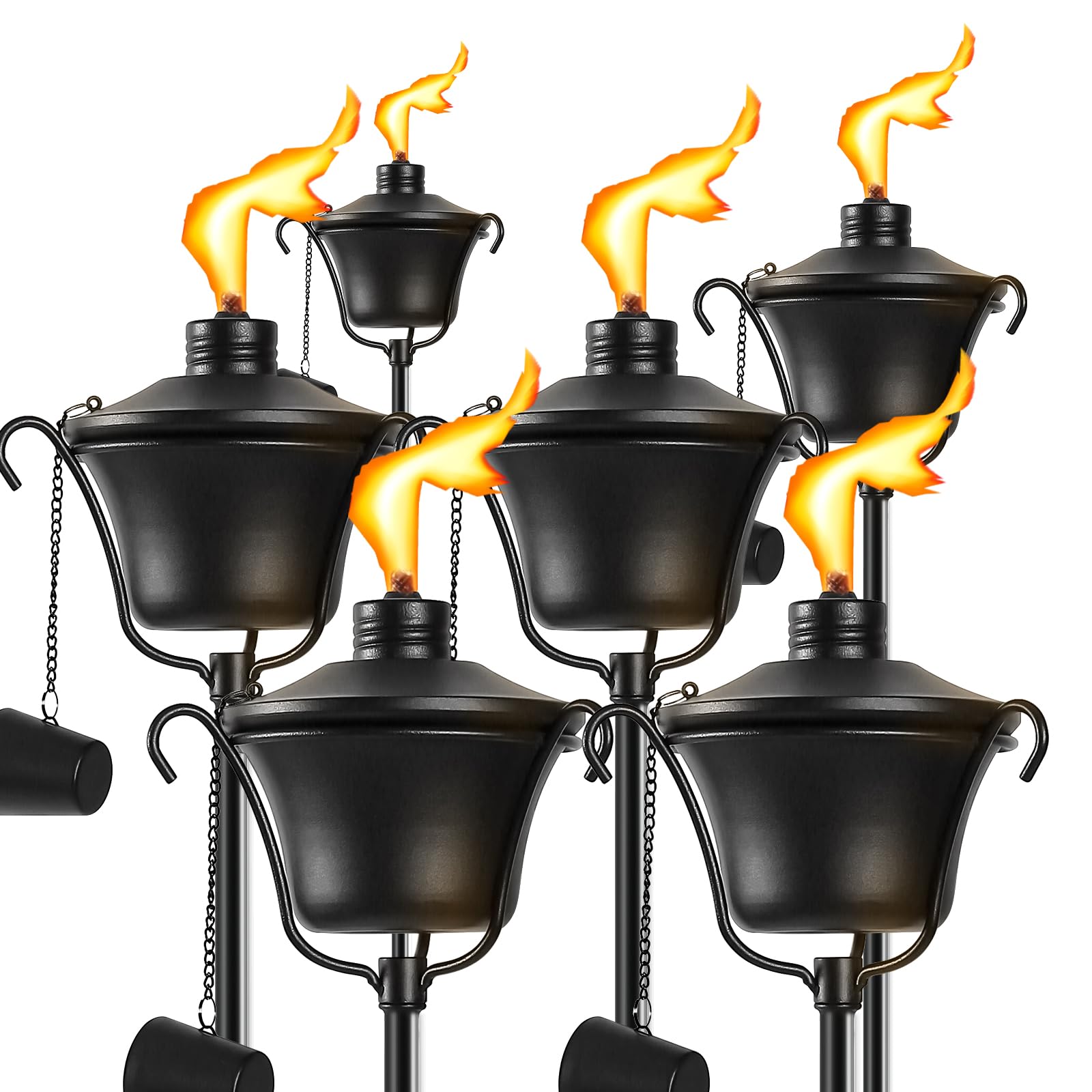 FALBAWR Citronella Torches Set of 6, 3-Prong Grounded Stake Outdoor Torches ,14.5 oz Garden Torches for Outside, 58 inch Outdoor