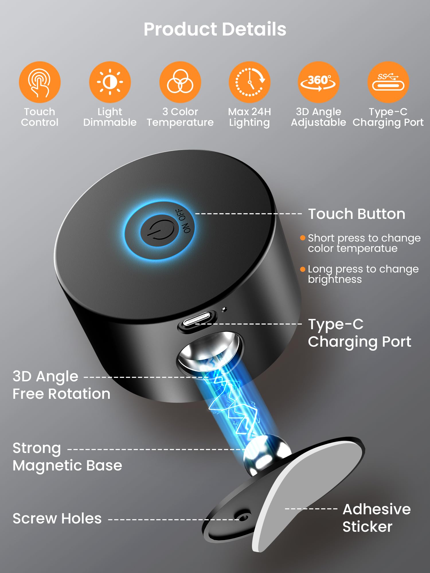 Auderwin Led Wall Sconces Battery Operated 360 Rotation Decor Wall Mounted Cordless Lights, 3 Color Temperatures & Dimmable, Wir