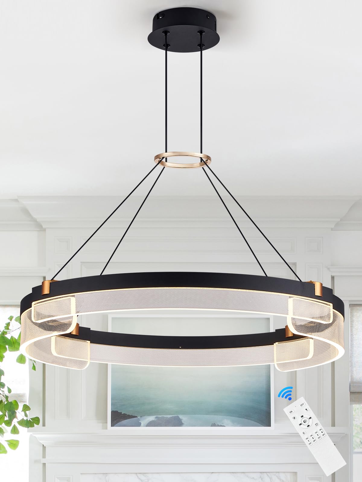 Benkut Modern Led Pendant Light, Dimmable Black Led Chandelier For Dining Room Light Fixture Over Table, 24 Inch Modern Pendant Light Kitchen Island Dining Room Living Room Entryway, 3000K-6500K