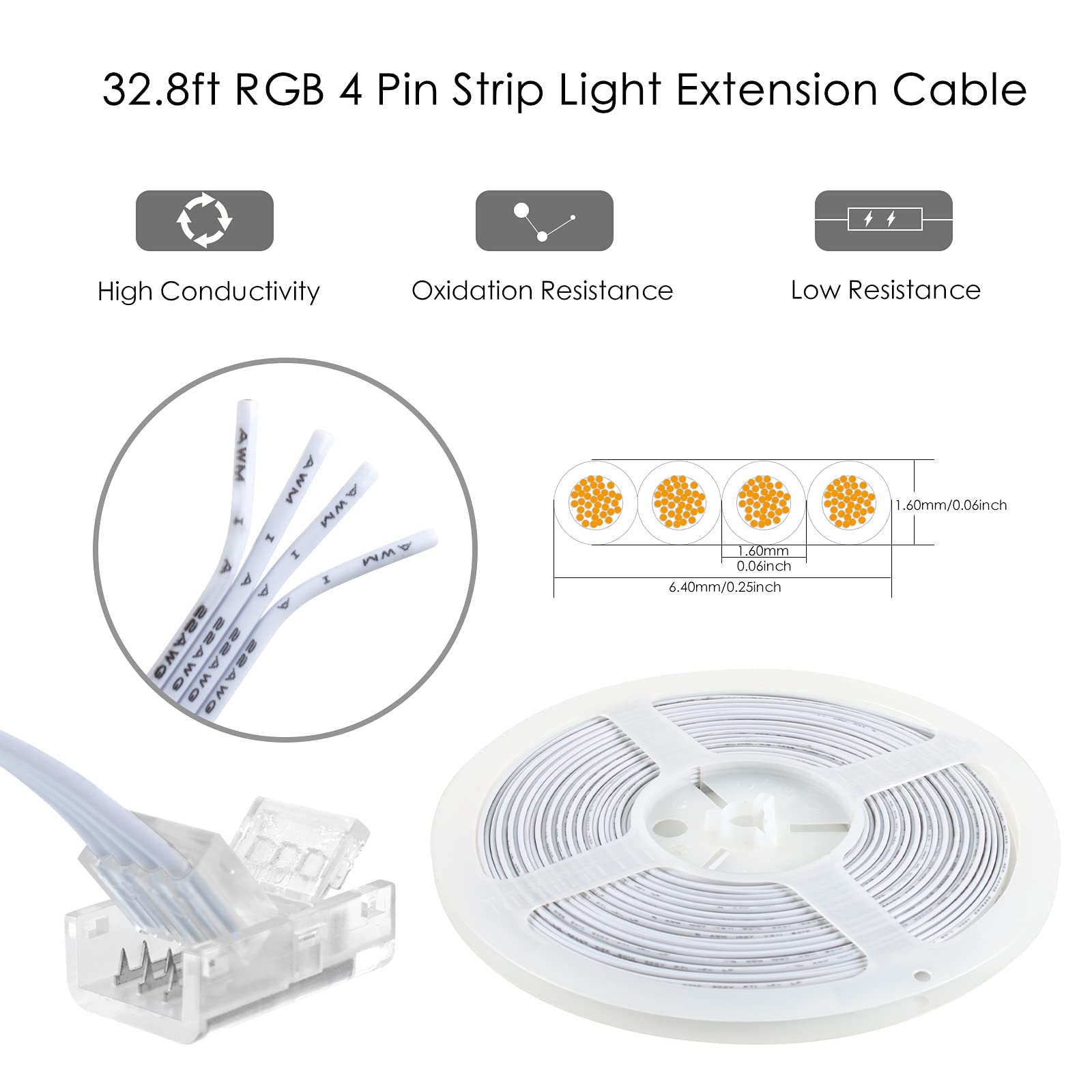 Rgbzone ?? ?????? ???????? ?????? ?????????? ?????????????????? ?????? 32.8Ft 4 Pin Rgb Extension Wire And 5 Pcs 4 Pin Led Strip To Wire Connectors For 10Mm Ip20/Ip65 5050 3528 Smd Rgb Led Strip Light