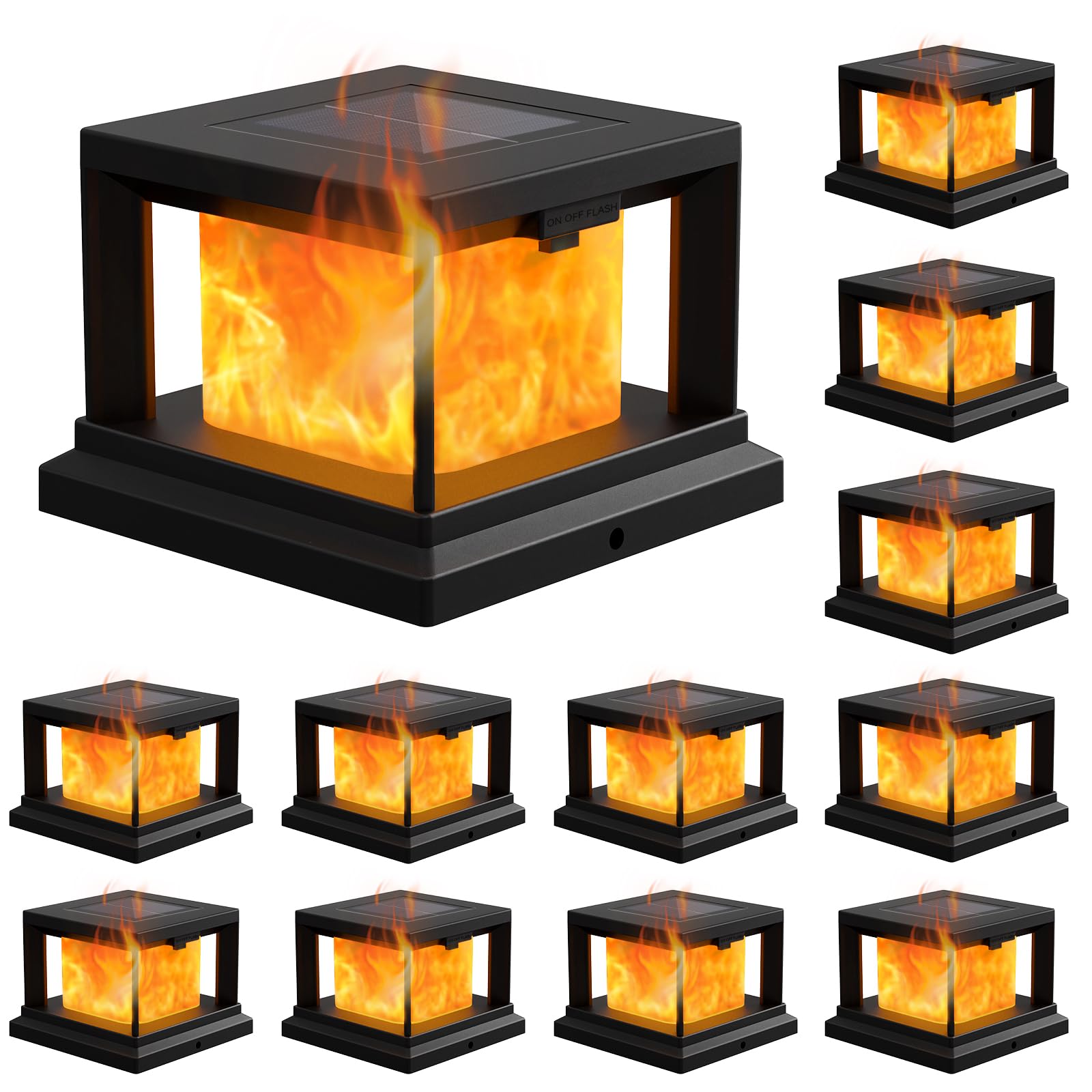 Solar Post Cap Light Outdoor with Flickering Flame, Waterproof Solar Powered Deck Cap Light for 4x4 Wooden/4x4 Vinyl Post, Black