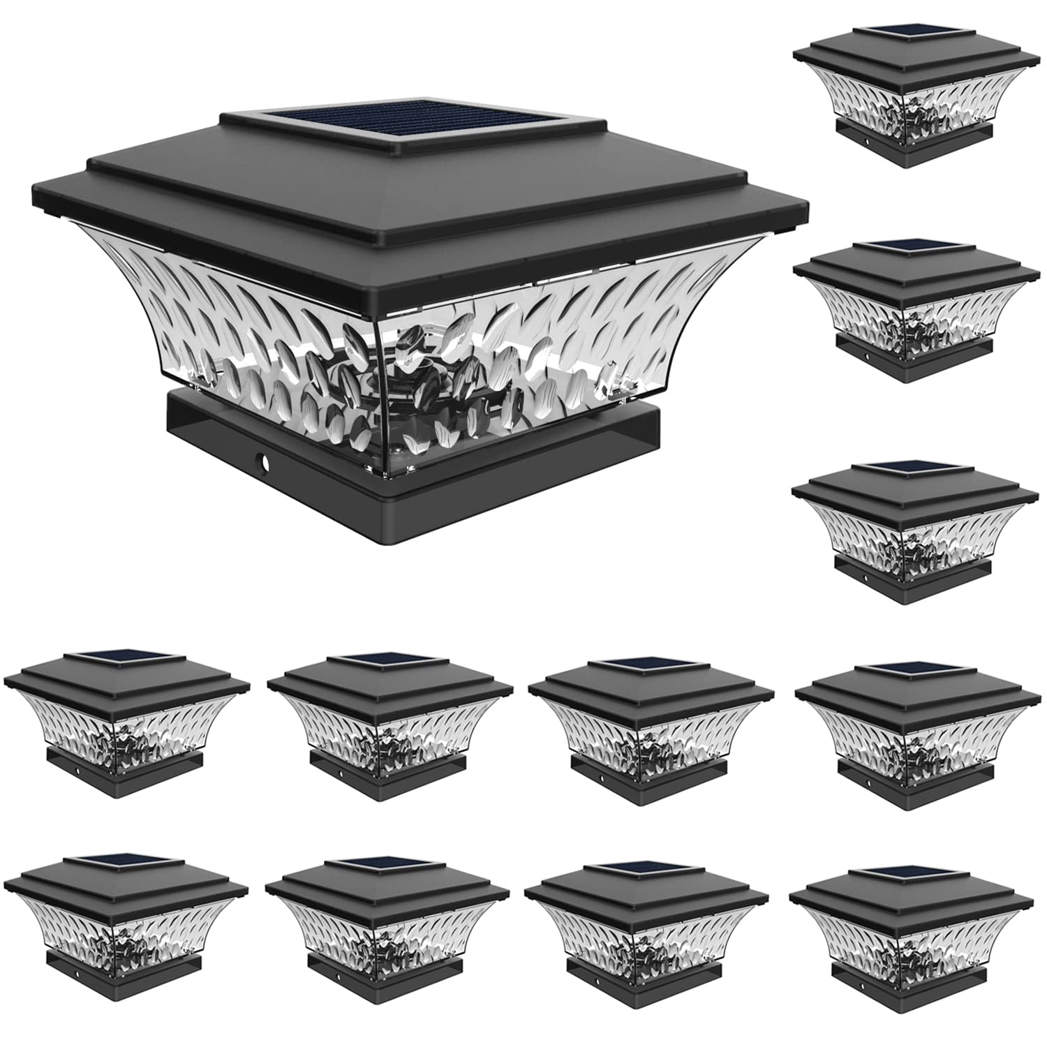 Huyieno Solar Post Cap Lights - 12Pk Led Outdoor Lighting, Warm White/Bright White, Black, Fits 4X4 Wooden Posts, Durable Plastic
