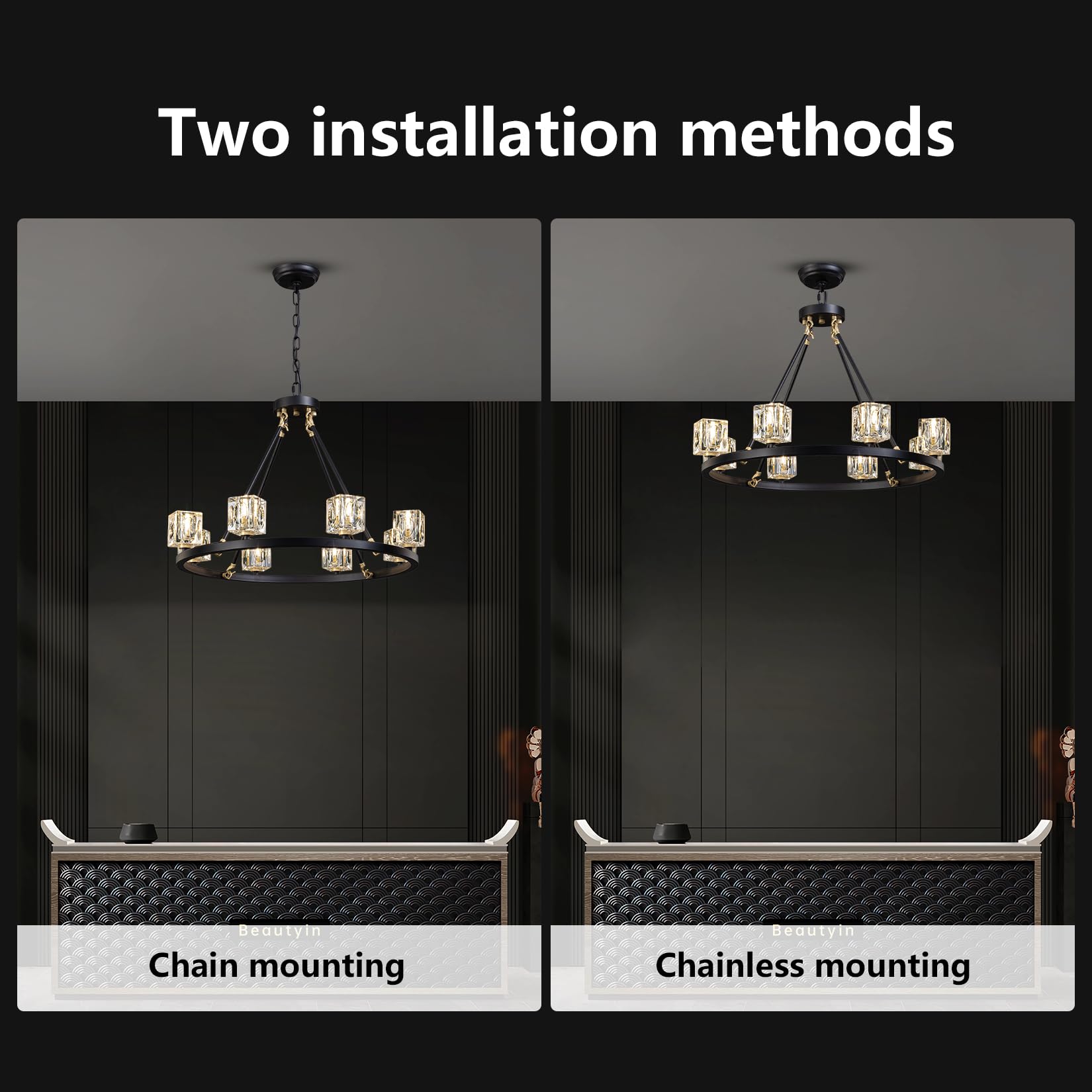 Okes Black Wagon Wheel Chandelier, 8-Light Farmhouse Crystal Chandeleirs With Adjustable Height,Ceiling Hanging Light Fixture Pe