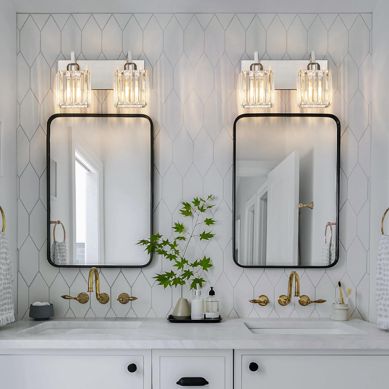 Fdpby Modern Bathroom Vanity Light 2-Lights Brushed Nickel Vanity Light Crystal Wall Light Bathroom Light Fixtures