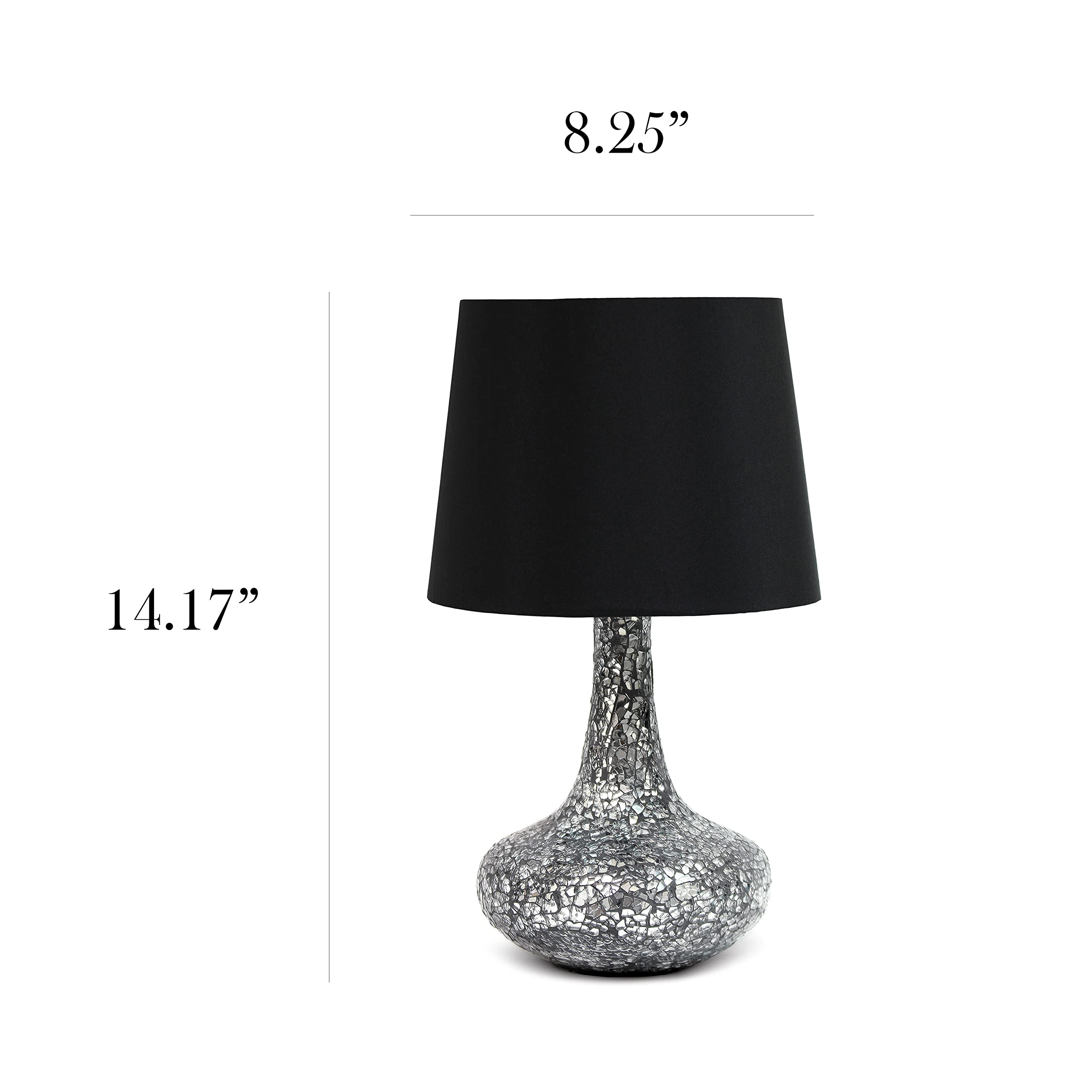 Simple Designs Lt3039-Blk 14.17” Contemporary Mosaic Tiled Glass Genie Standard Table Lamp With Matching Fabric Shade For Home Décor, Bedroom, Living Room, Foyer, Office, Black/Silver