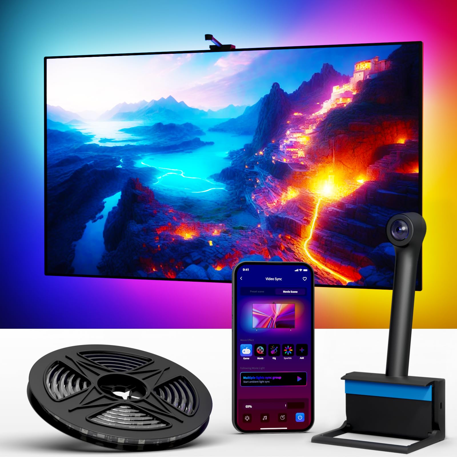 Ailofy Smart LED Backlight with Camera for 55-65 inch Screens, 12.5ft LED Strip Lights Sync to Screen & Music, Color Changing Li