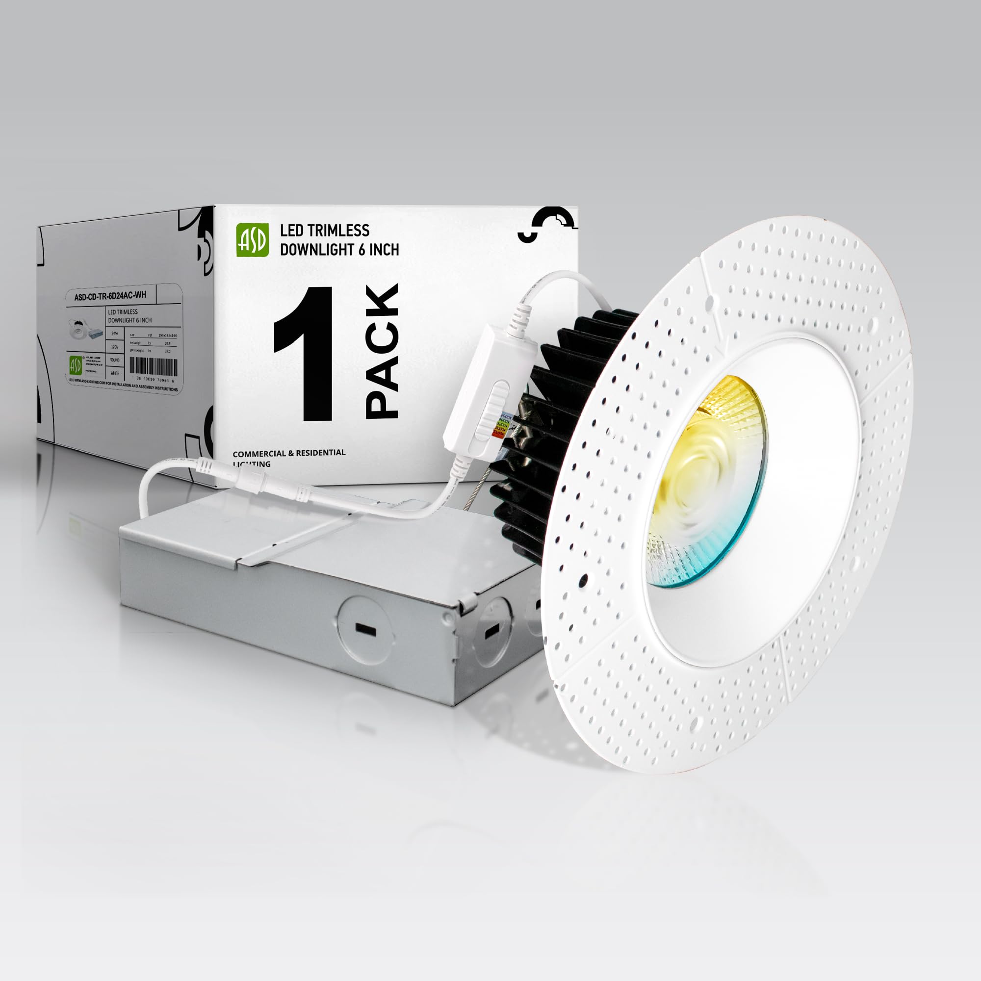 ASD Trimless LED Recessed Lighting 6 Inch, 24W 120V Round Commercial Downlight, Canless Dimmable Lights for Ceiling with J-Box, 