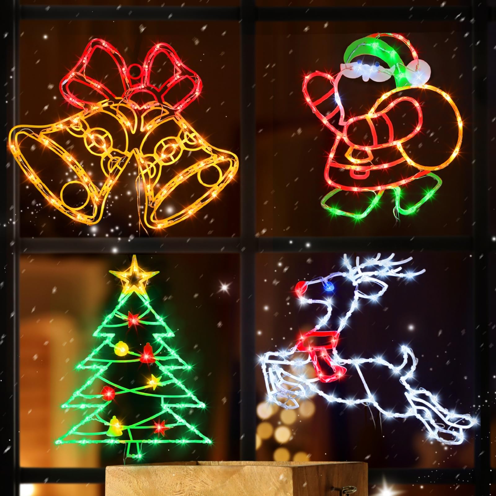 Trwymz Christmas Decorations - 16 Christmas Window Silhouette Lights - 4 Pack Colour Lighted Santa & Bell & Reindeer & Christmas Tree For Holiday Indoor And Outdoor Wall Door Window Decorate