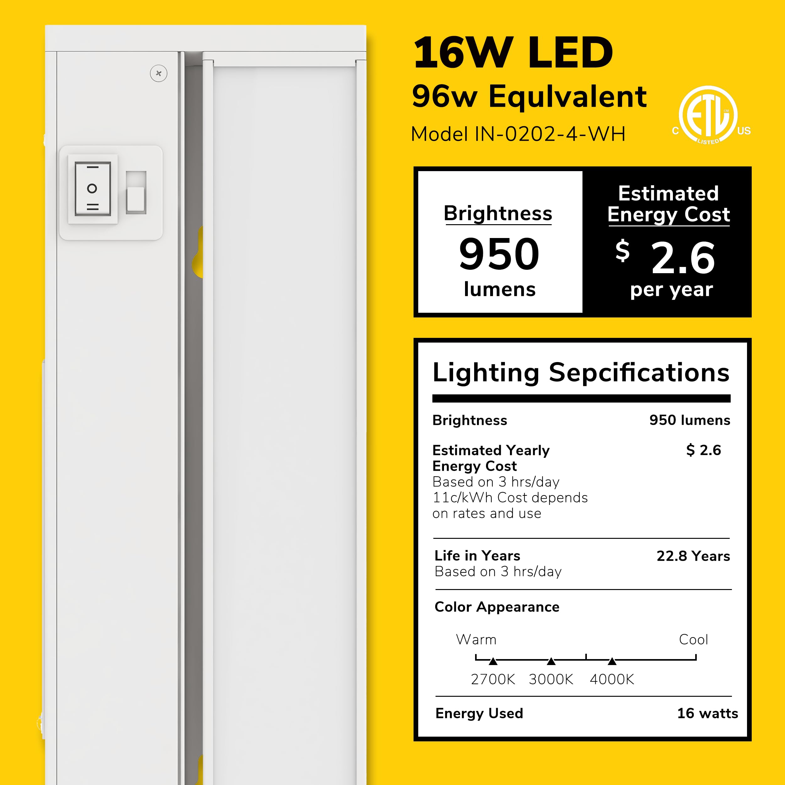 GETINLIGHT 32-inch Swivel LED Under Cabinet Light, Dimmable, Selectable White 2700K/4000K/5000K, White Finish, Model IN-0202