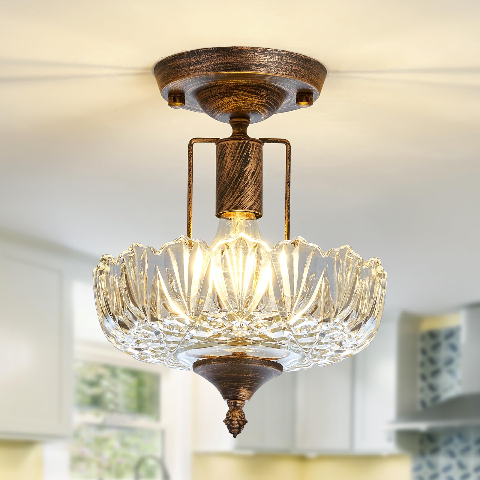 UOFUS Glass Ceiling Light Fixture Vintage Small Semi Flush Mount Chandelier Oil Rubbed Bronze Mini E26 Ceiling Lamp for Hallway 