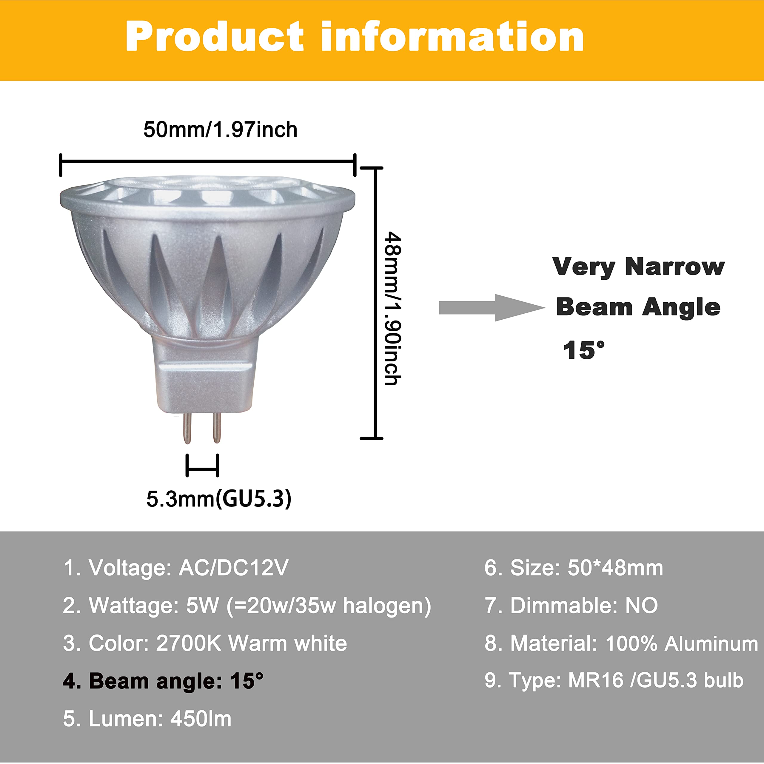 Alide Mr16 Led Bulbs 15 Degree 15 Narrow Beam Angle Gu5.3 20W 35W Halogen Equivalent 5W 450Lm 2700K Soft Warm White 12V Low Voltage Mr16 Led Bulbs For Landscape Ceiling Track Lighting 6Pack