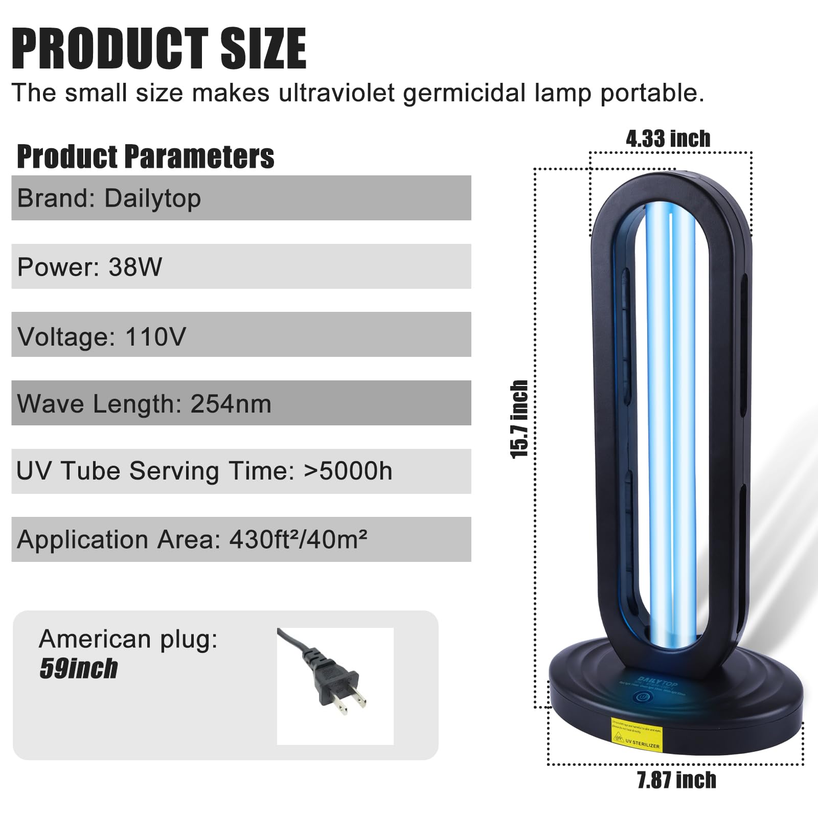 Dailytop UV Light Sanitizer, 38W Home Disinfection Device, Remote Control, Black, Model EB, for Dust Mites and Room Use