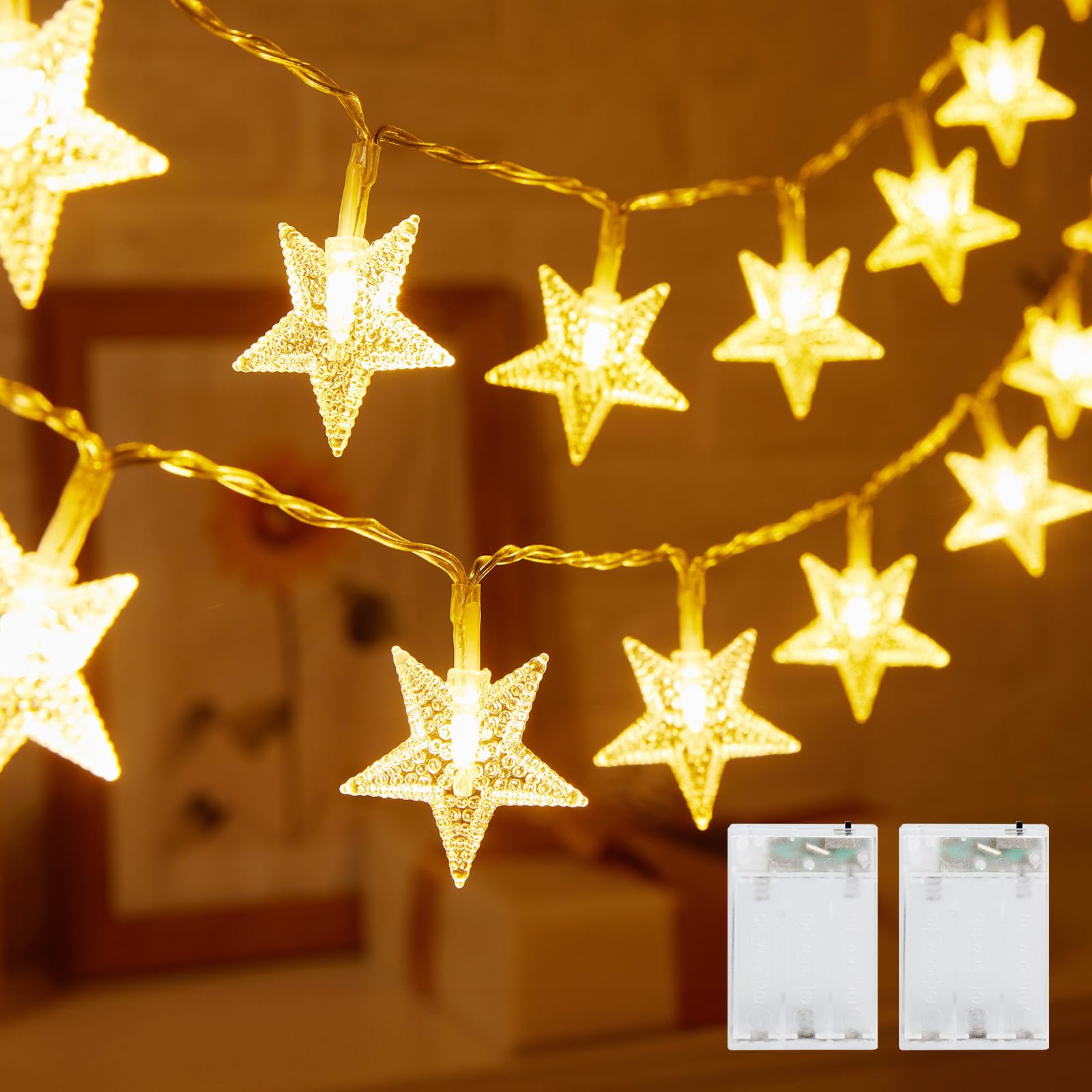 Minetom Star String Lights - 50 LED Battery Operated Fairy Lights, 2 Pack, Warm White, Waterproof for Indoor/Outdoor Decor