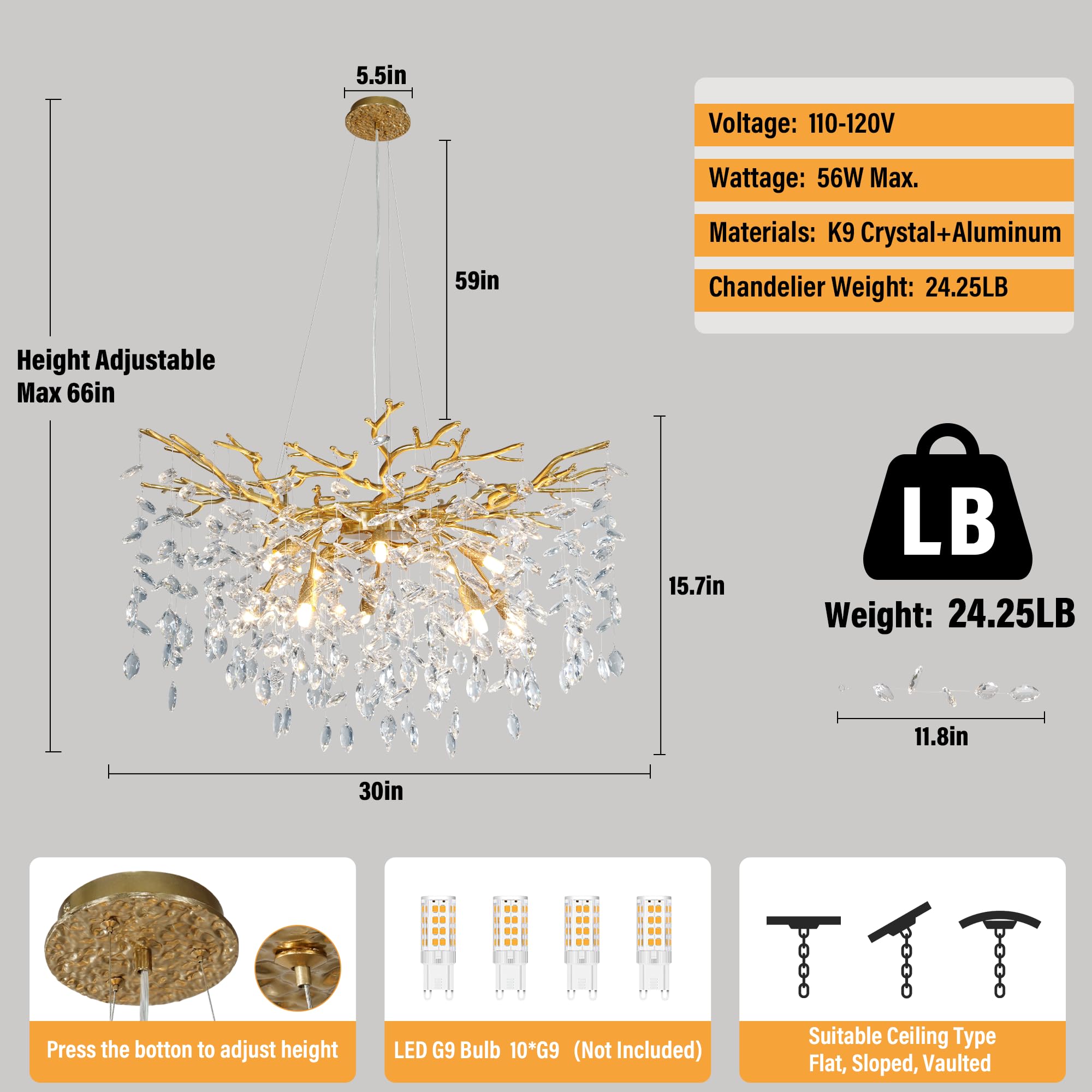 Yuyi Modern Crystal Chandelier, 30'' Gold Tree Branch Chandelier, 10-Light Round Chandeliers For Dining Room, Living Room, Kitch