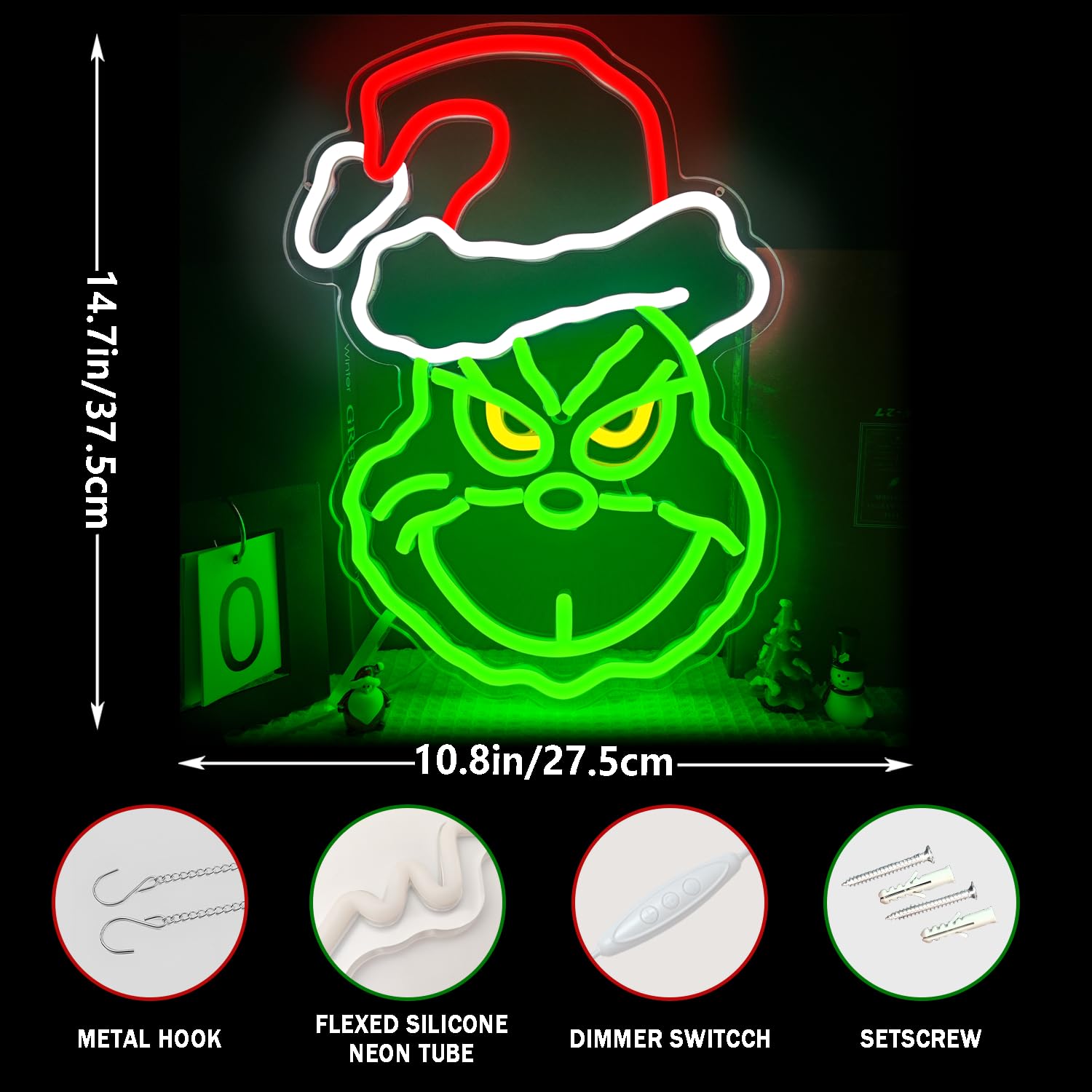 Lulkod Christmas Neon Sign, Dimmable LED Wall Decor, 10.8inx14.7in, Red White Green