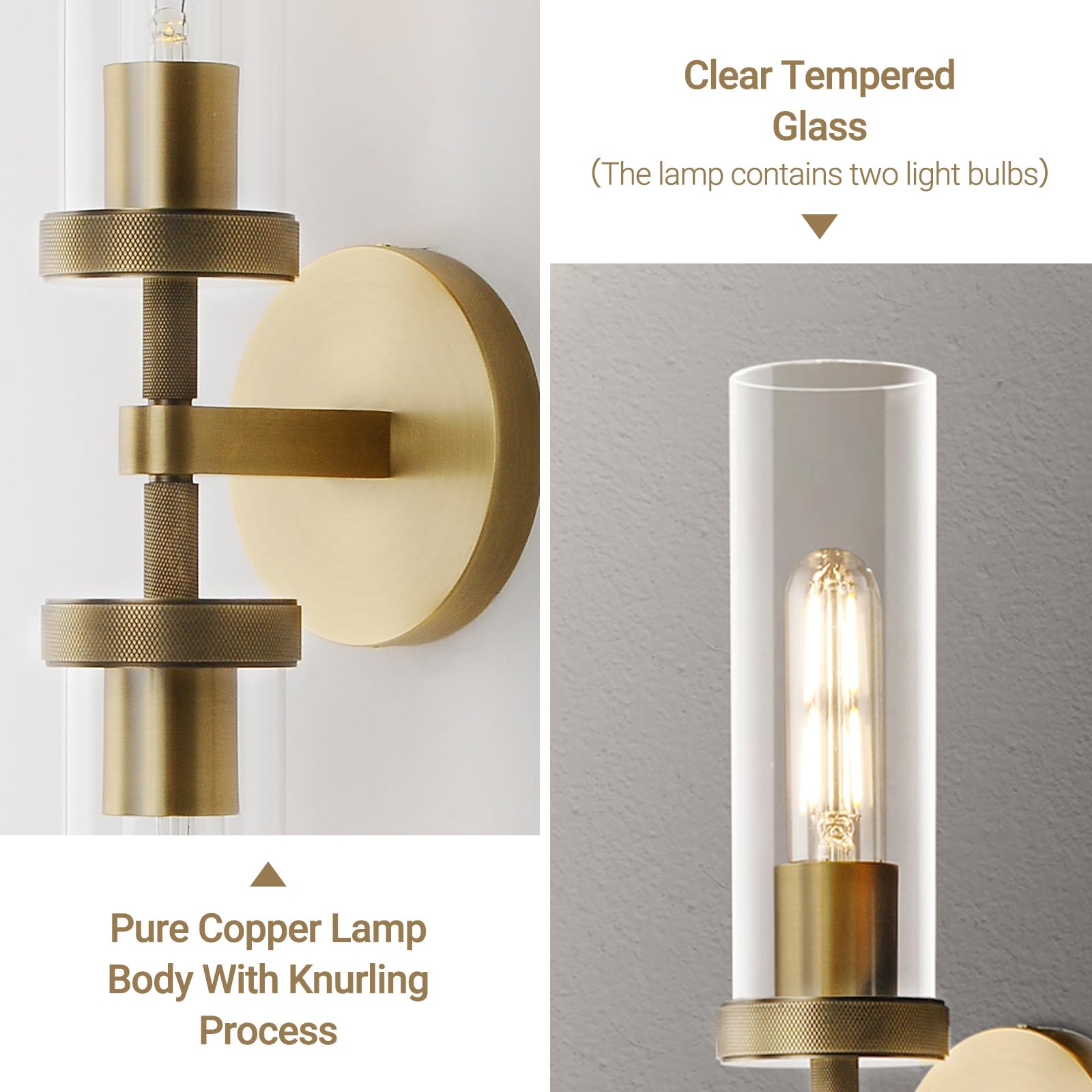 2-Light Brass Knurled Wall Sconces, Glass Sconces Wall Lighting indoor, Gold Bathroom Vanity Light Sconces, Wall Lights for Livi