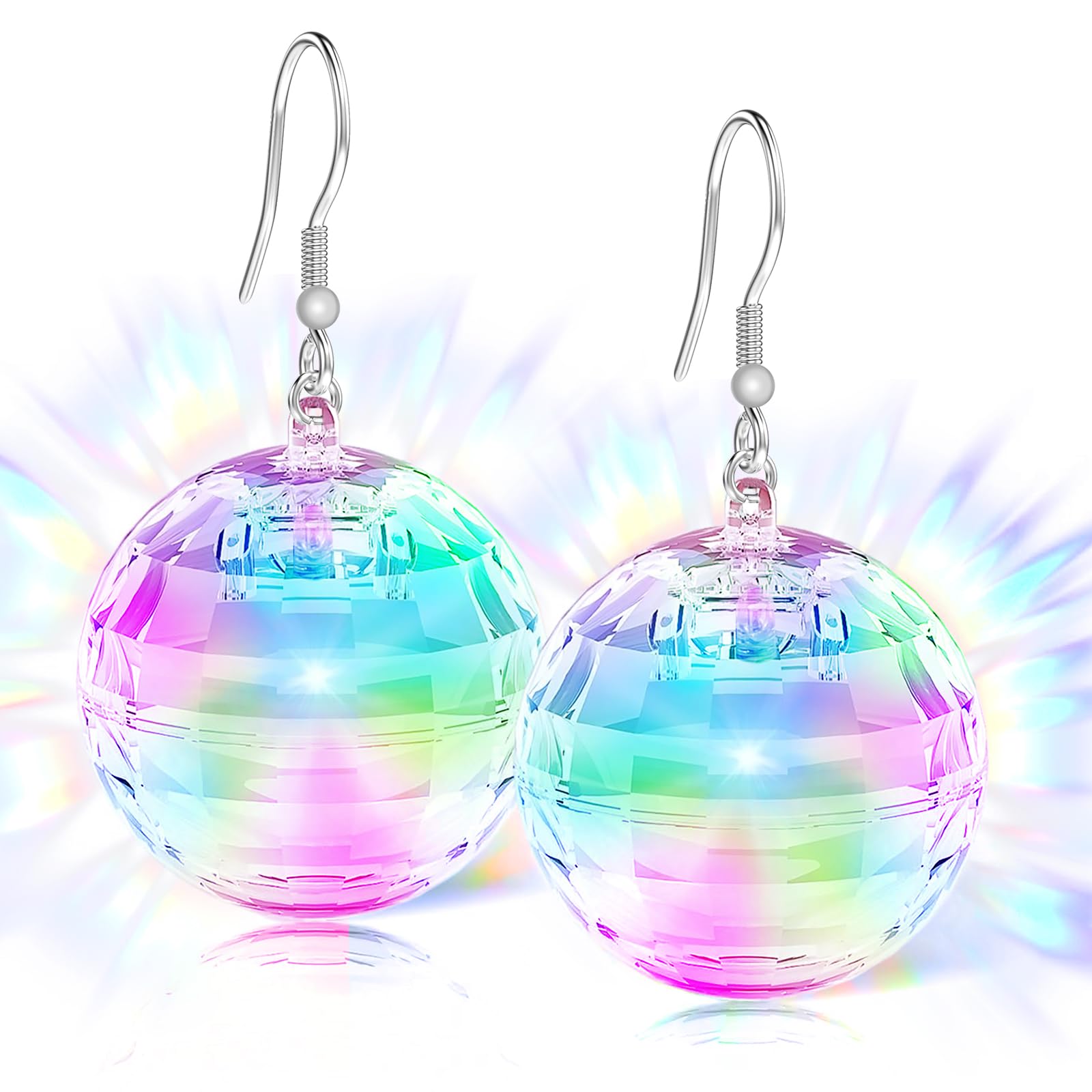 Bnsikun Disco Ball Earrings - Light Up Dangle Jewelry with 16 Modes, Multicolor, Acrylic for Festivals and Parties