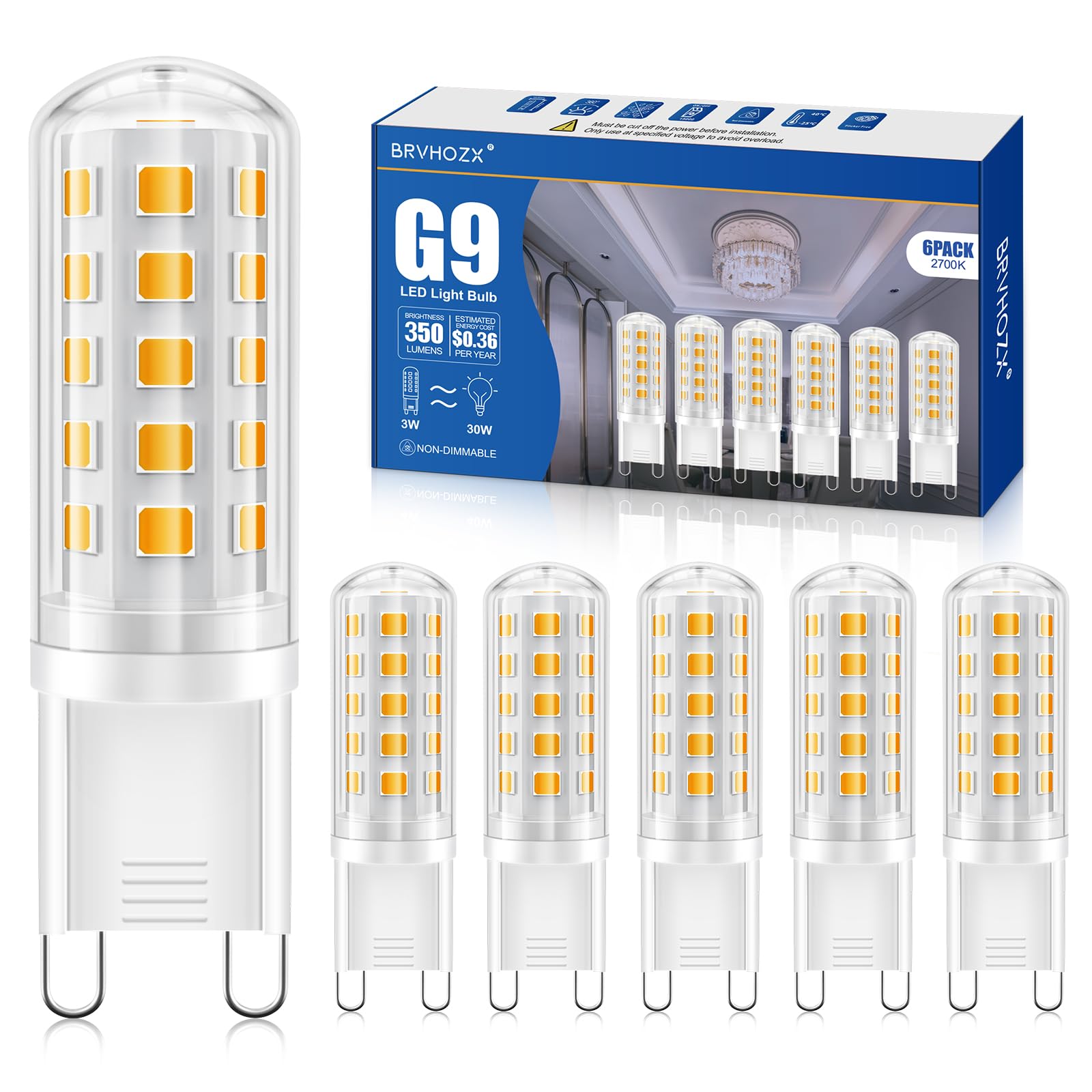 Brvhozx G9 Led Bulb Warm White  4W  450Lm  3000K  Equivalent To 40W Halogen  No Flicker  Non-Dimmable  360Beam Angle  Ac 110-130V  Bi-Pin Ceramic Base G9 Led Light Bulbs For Home Lighting-6Pcs