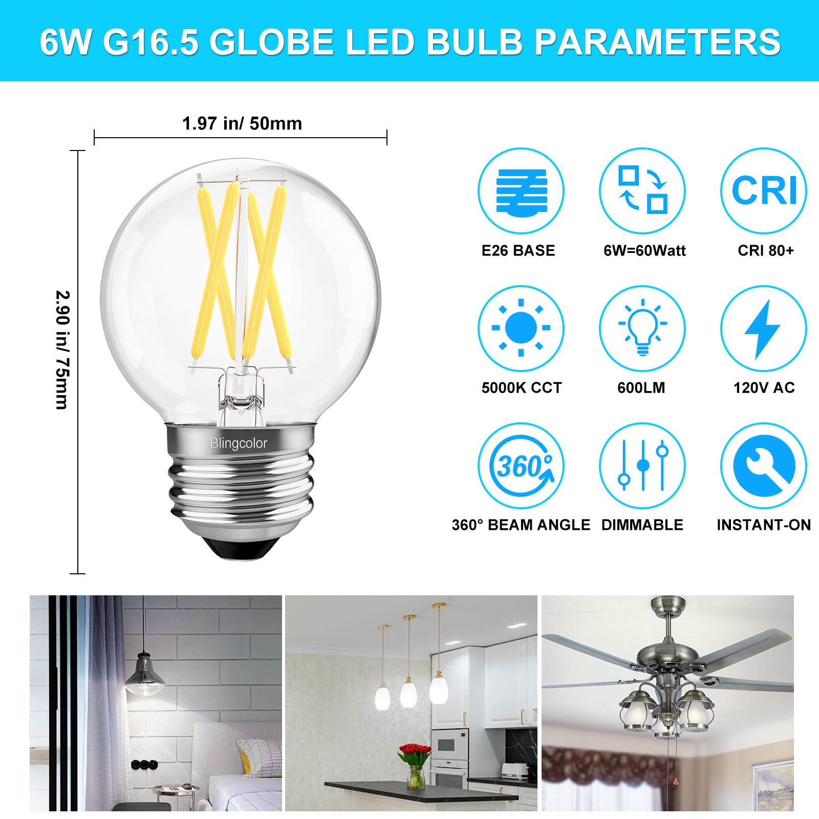 BLINGCOLOR 6W E26 LED Light Bulbs - 6 Pack Dimmable G16.5, Daylight 5000K, Glass, 600lm, CRI80+,