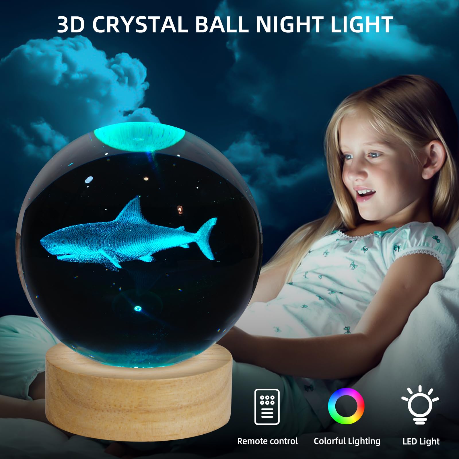 ZXBLAQ 3D Shark Crystal Ball Night Light, 3.15" Glass Lamp with 16 Color LED Base, Perfect Gift for Kids and Friends