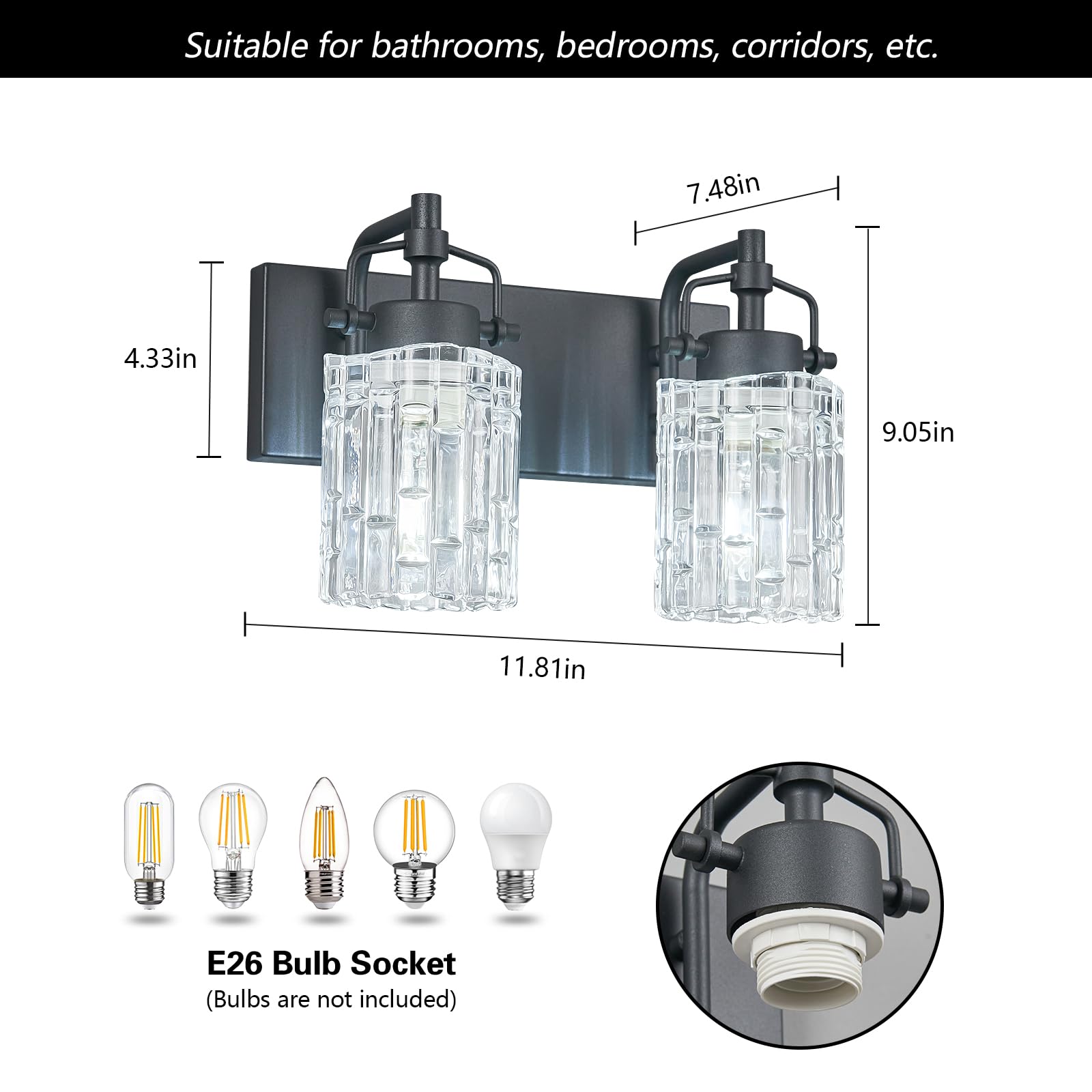 BNHHLZ Bathroom Vanity Light 2-Light Black Metal Fixture with Crystal Glass Shade, Model 4132