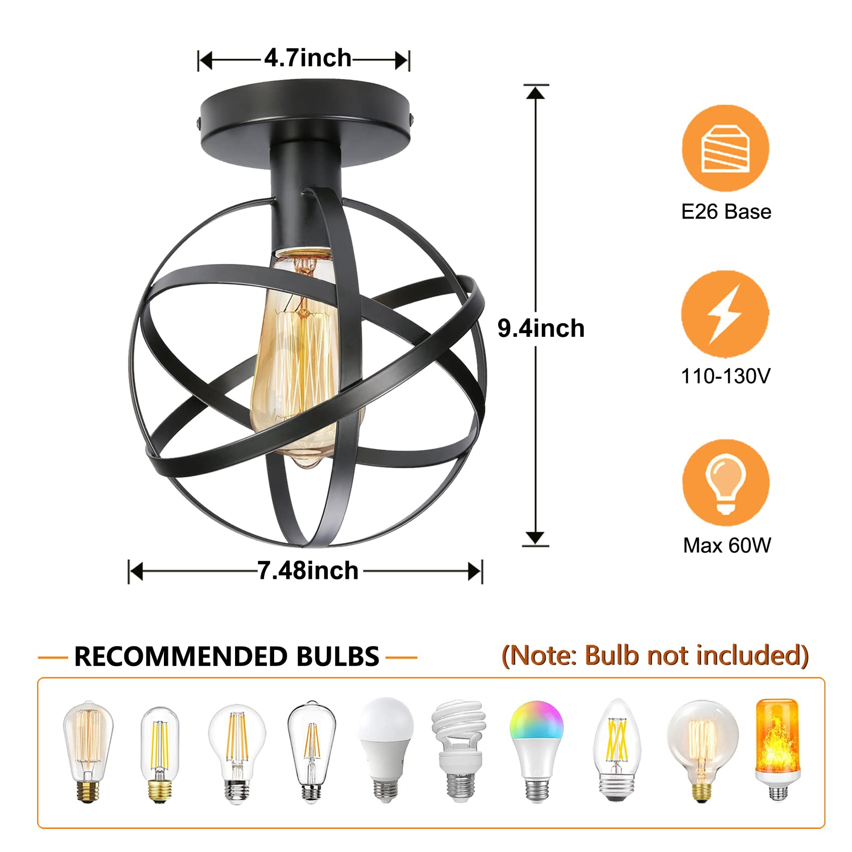 Koonting Vintage Industrial Semi Flush Mount Ceiling Light, Metal Spherical Ceiling Lamp Light Fixture For Hallway Stairway Porc