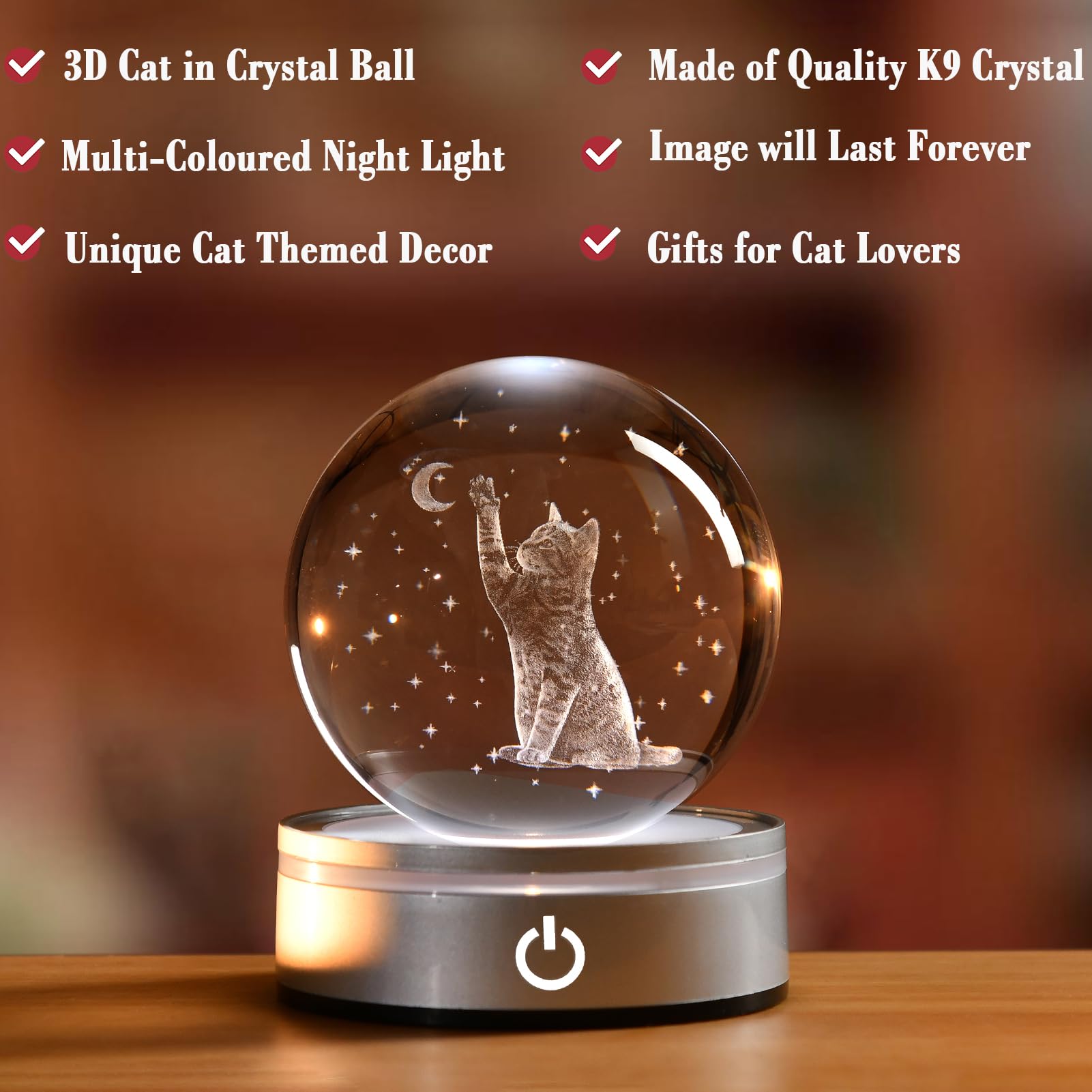 Ifolaina 3D Cat Crystal Ball Cute Cat Lover Gifts For Women Christmas Snow Globe Gifts For Birthday Mothers Day Kitten Lamp 3.15 Engraved Glass Sphere Decor Night Light