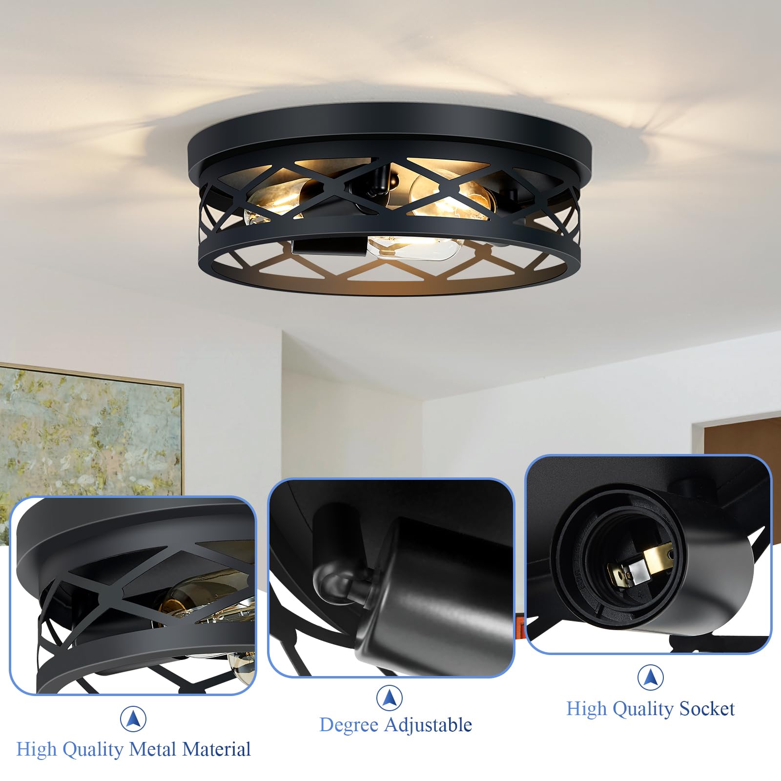XPEHK 3-Light Flush Mount Ceiling Light Fixture, 13in, Matte Black, Model XP26, 2 Pack