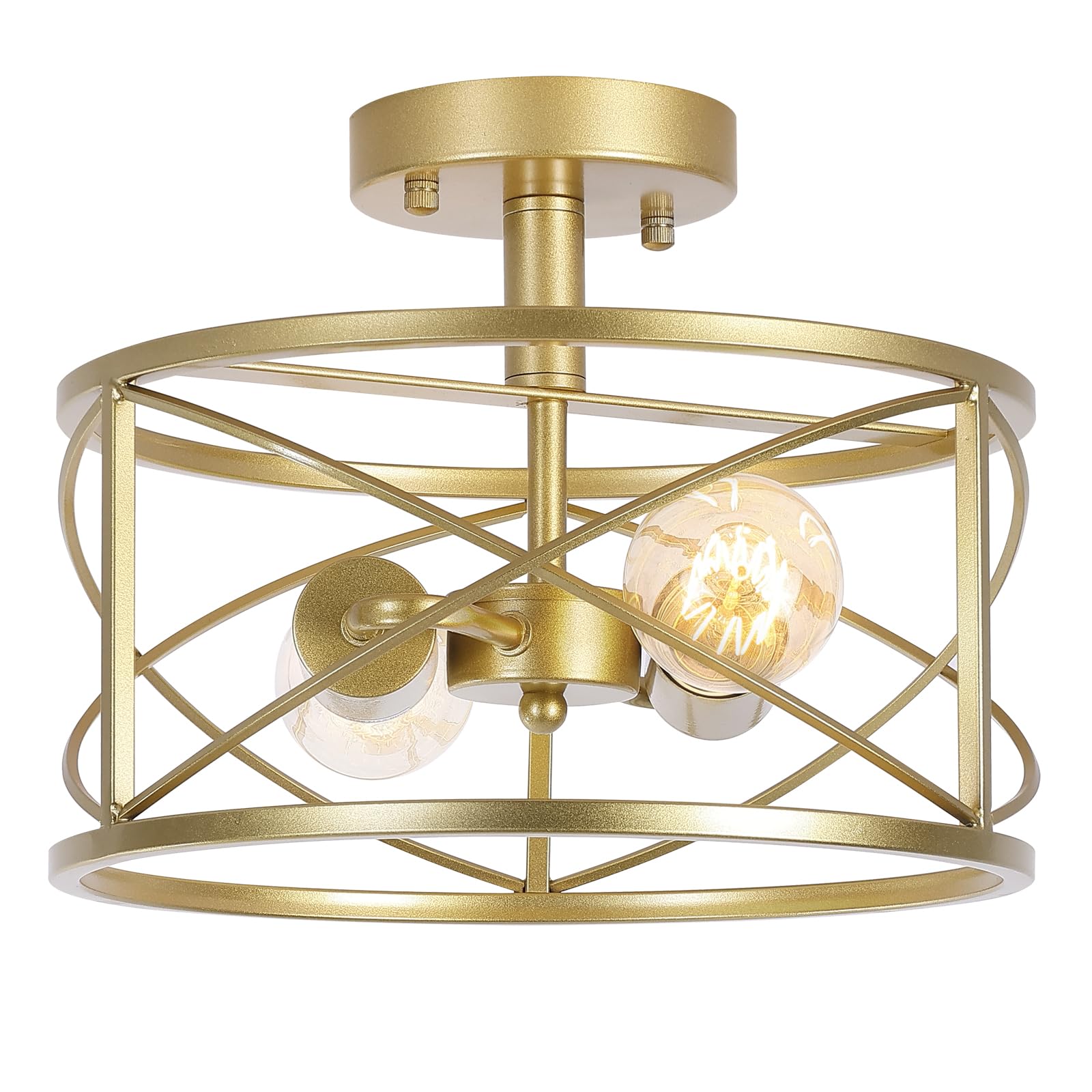 Weltrans Gold Semi Flush Ceiling Light, 2-Light Industrial Metal Cage Pendant For Home Decor