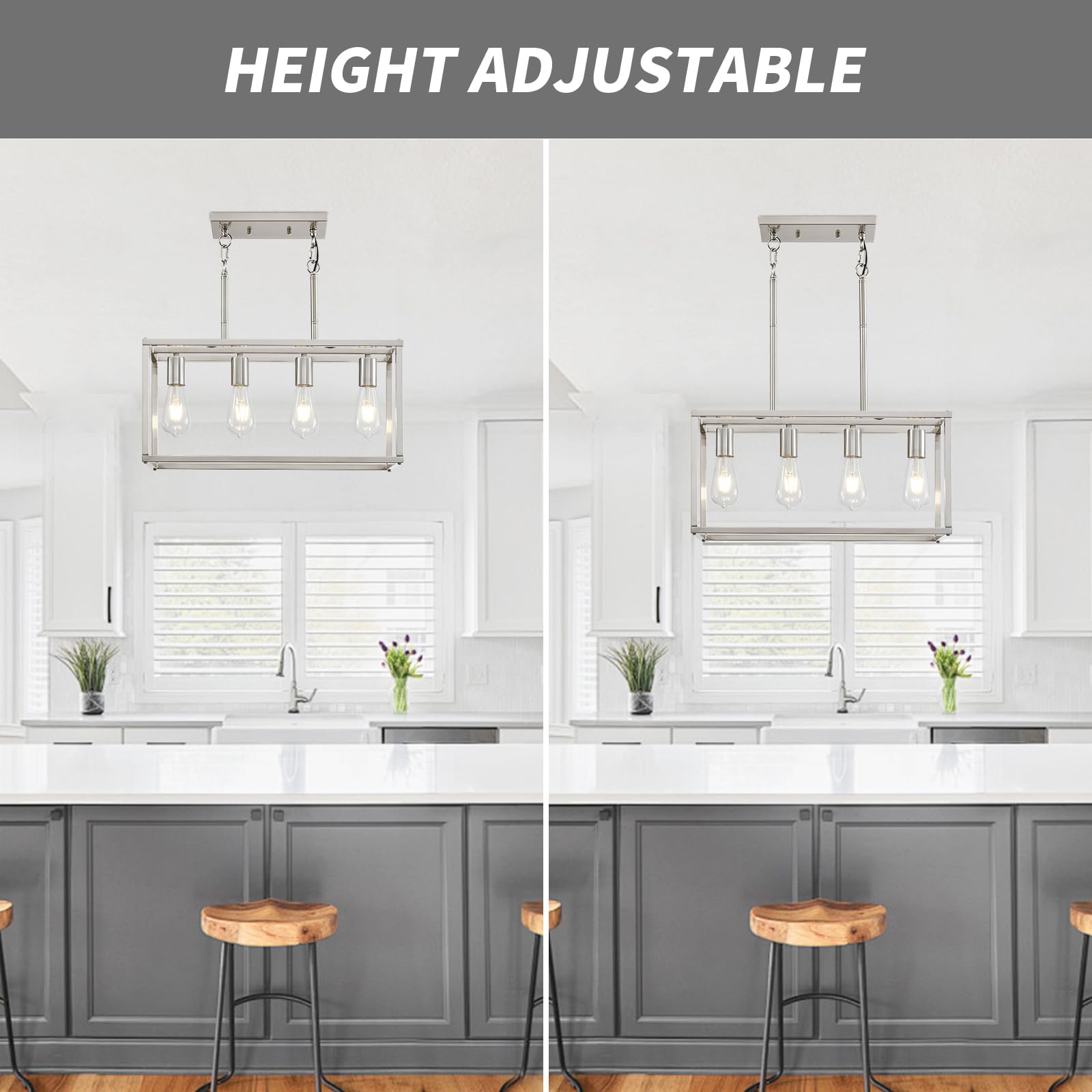 Lanhall 4-Light Farmhouse Chandelier, Brushed Nickel Metal, Adjustable Height, Rectangular Design