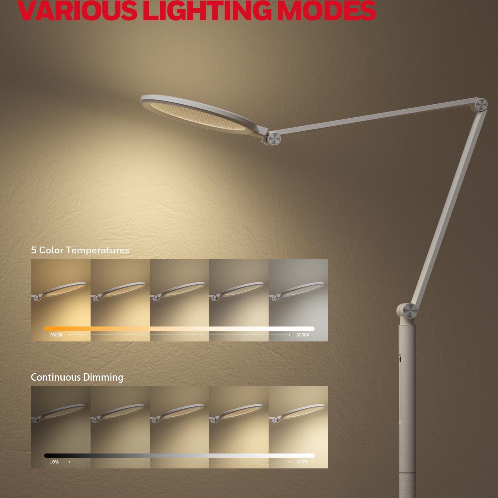 Honeywell LED Floor Lamp - Dimmable Eye Caring Light with Remote, 5 Colors & Brightness, Tall, White, Model HWL-F01WT
