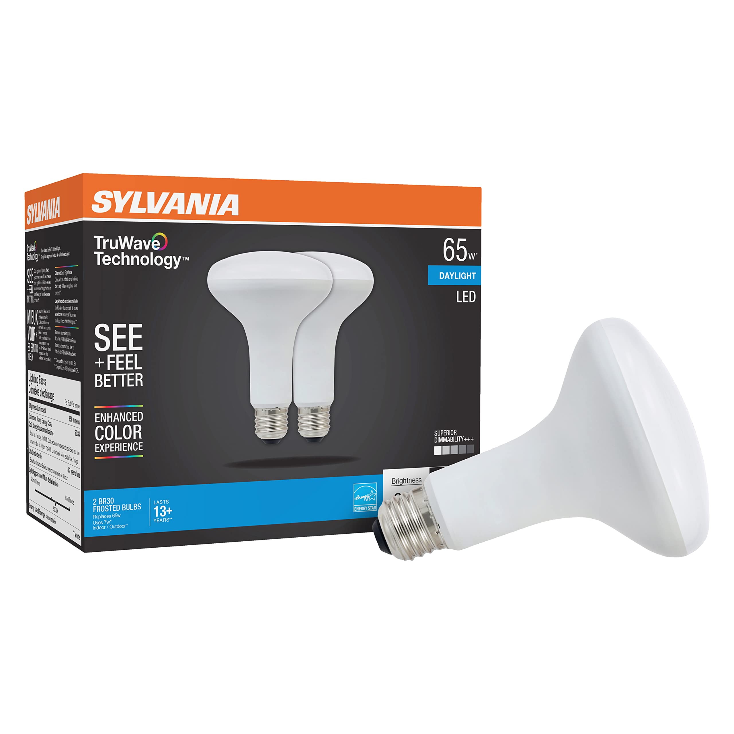 LEDVANCE Sylvania LED TruWave BR30 Light Bulb 65W Equivalent 7W Dimmable 5000K Daylight 2 Pack White Model 40730