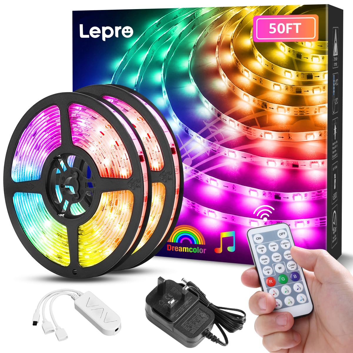 Lepro LED Strip Lights 50ft, Music Sync RGB Light Strip, Vinyl, MagicColor, Model PR410095-RGB-WP-US