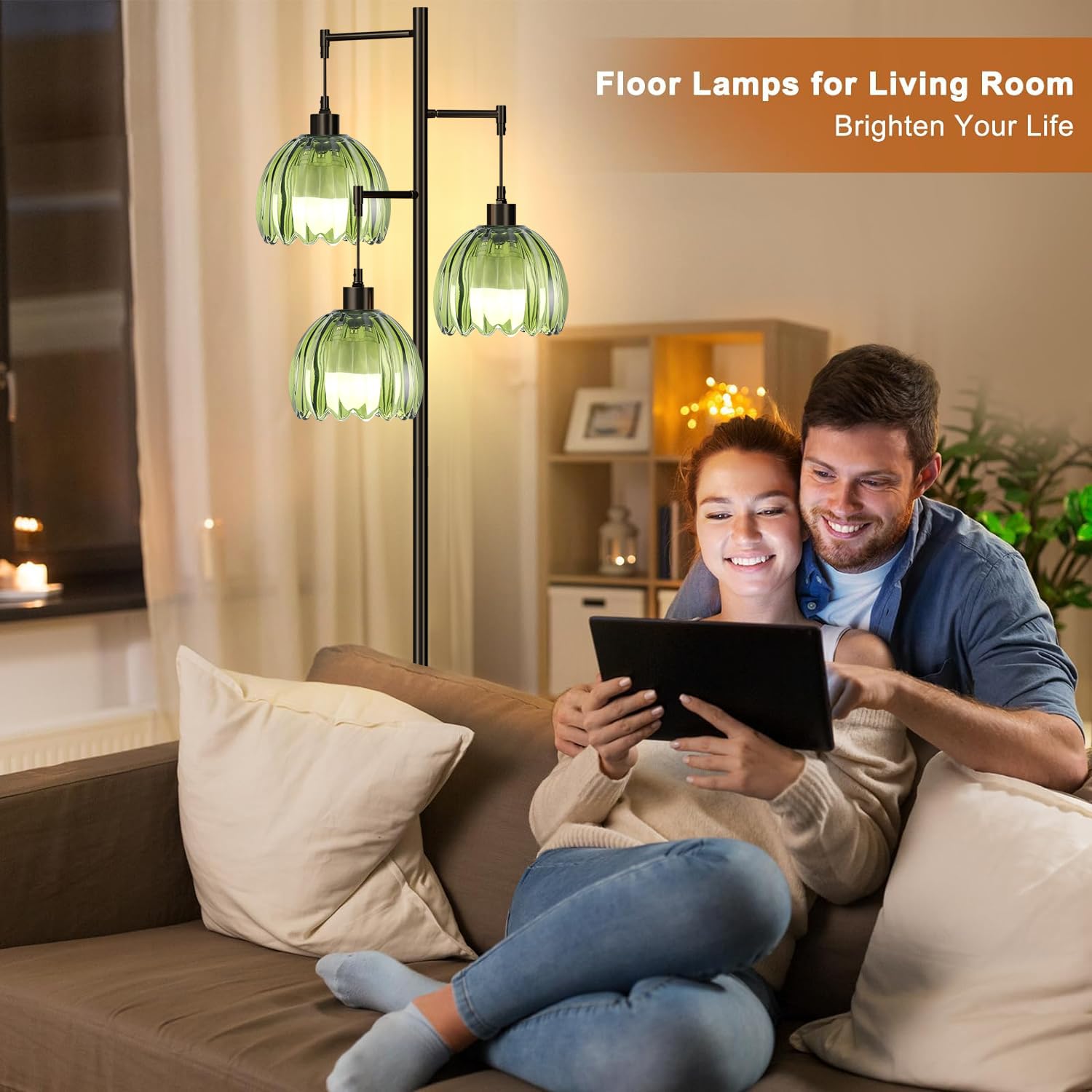 Illmtw Glass Floor Lamp For Living Room,Bedroom,Black Mid Century Modern Standing Lamp Brass Tree 3 Light Tall Floor Lamps Vinta