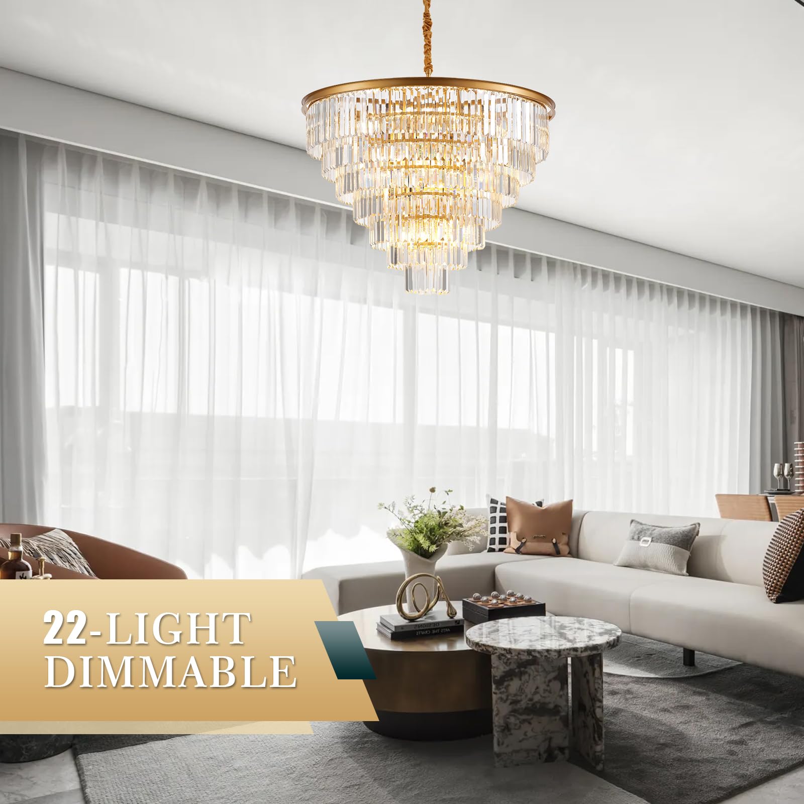 Brfaixla 7-Tiers 22 Lights Gold Crystal Chandelier stylish 35.46 Modern Contemporary Crystal Pendant Ceiling Lighting Crystals Light Fixture For Living Room Hotel Lobby Restaurant Foyer High Ceiling