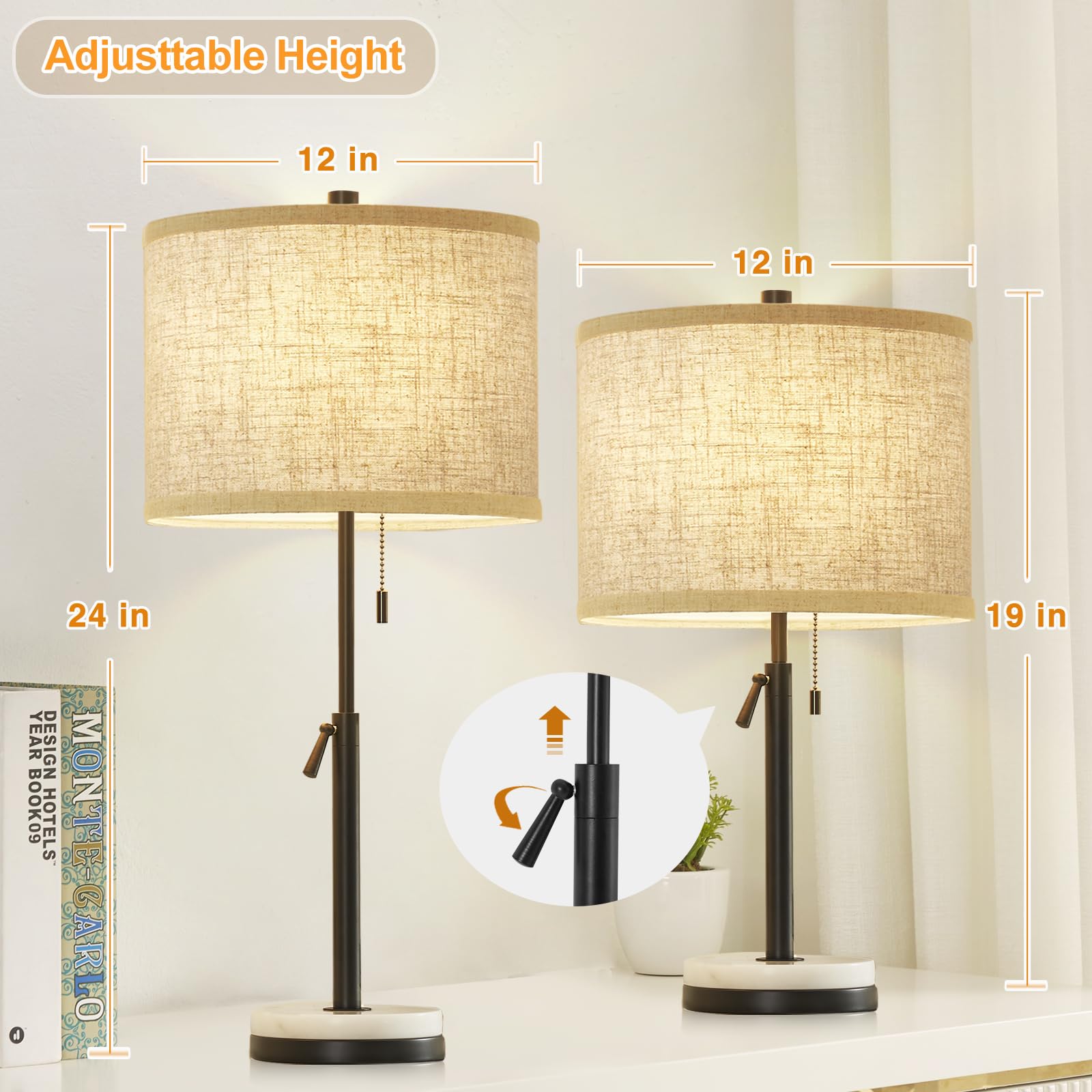 Gyrovu Set Of 2 Adjustable Height Black Marble Table Lamps With Pull Chain For Living Room, Bedroom, Office - Bulbs Not Included