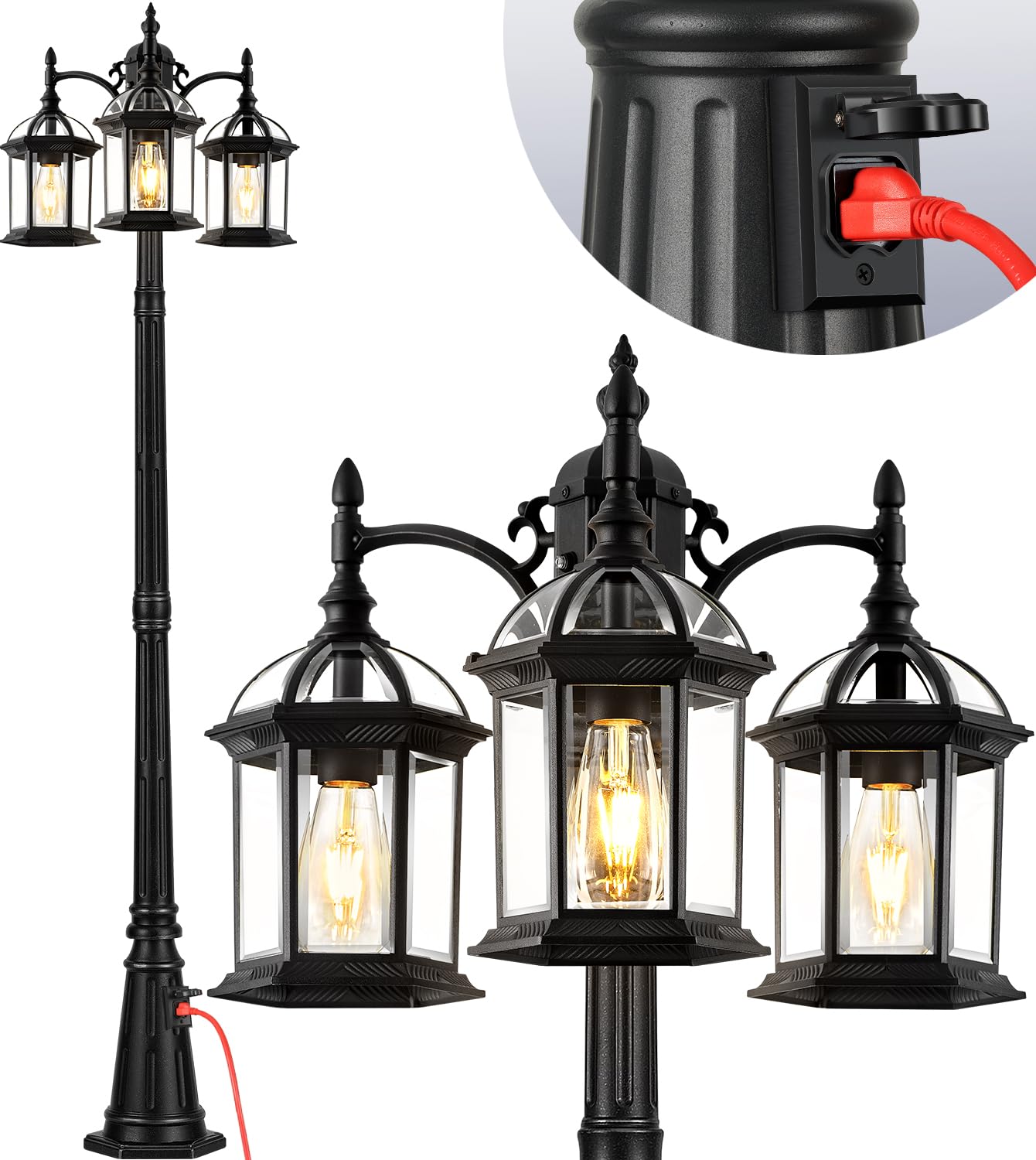 VIANIS 82.9 H Dusk to Dawn Lamp Posts Outdoor Lighting with Outlet  Black 3-Head Outside Post Lights  Waterproof Anti-Rust Street Light Fixtures for Garden Yard Porch(Hardwired 120VAC)