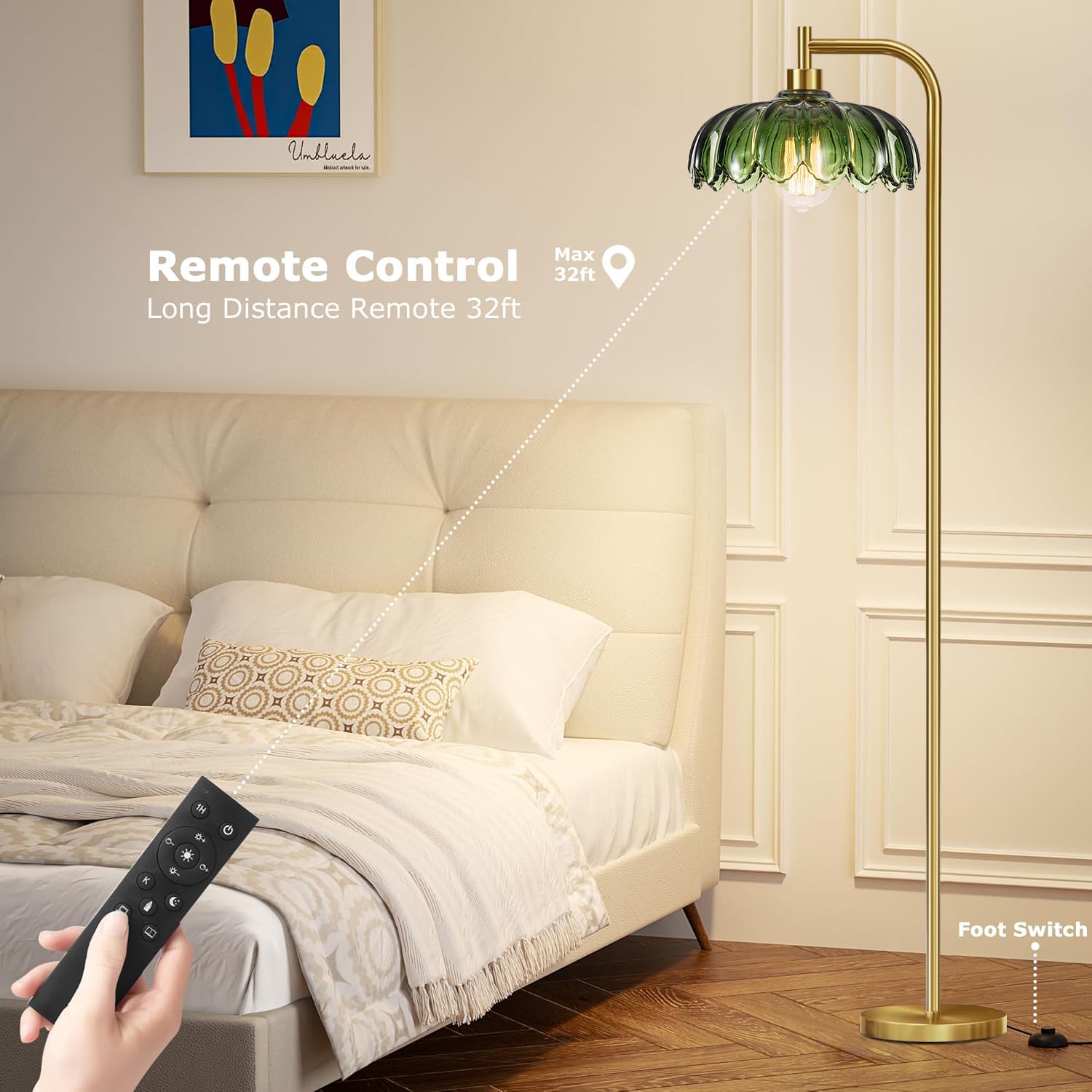 Qiyizm Gold Glass Floor Lamp Dimmable,Brass Tall Lamp Mid Century Modern Standing Lamp With Remote Retro Vintage Green Floor Lig