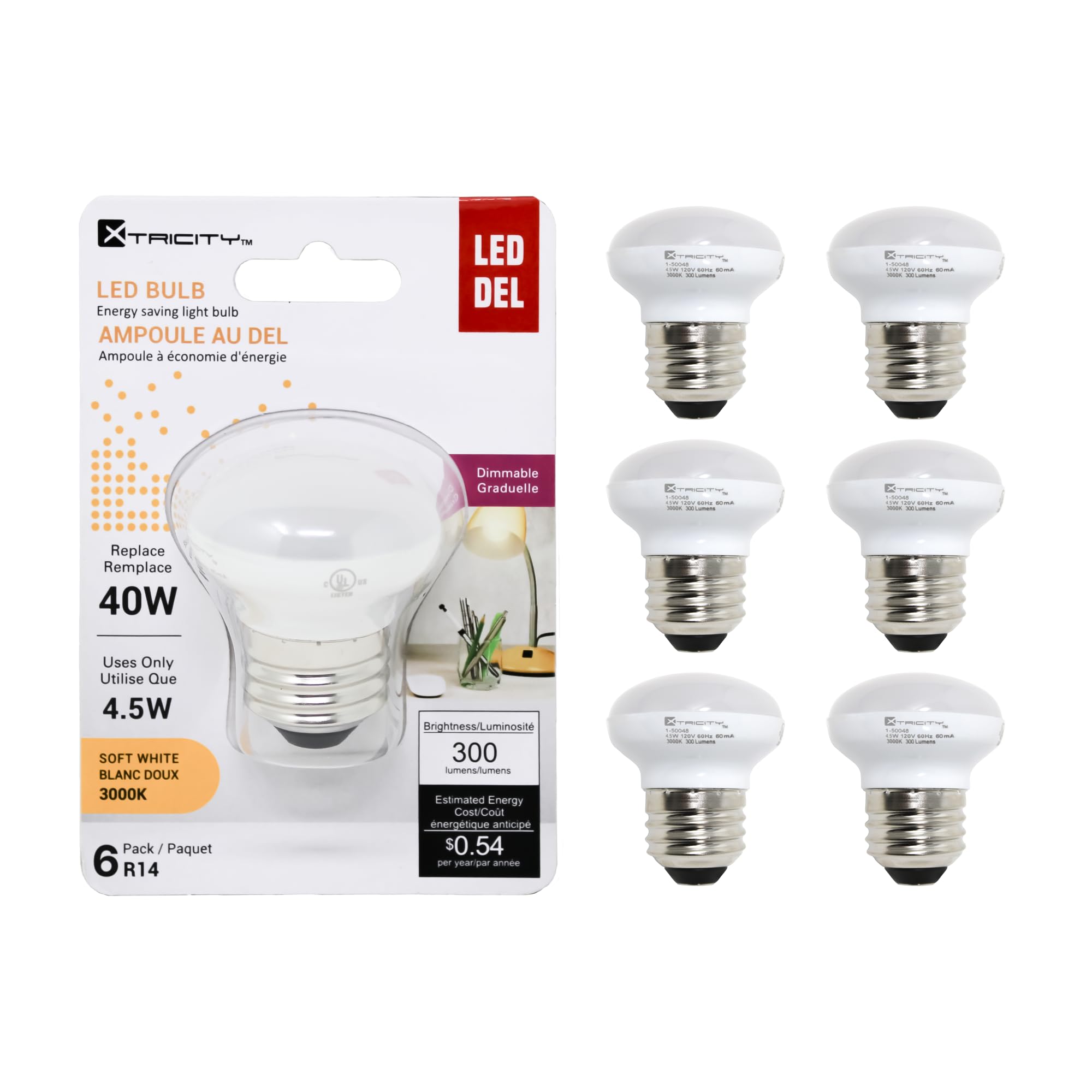 Xtricity LED Light Bulbs, Dimmable, E26 Base, 4.5W, 3000K Soft White, 300 Lumens, 6 Pack, RoHS Com